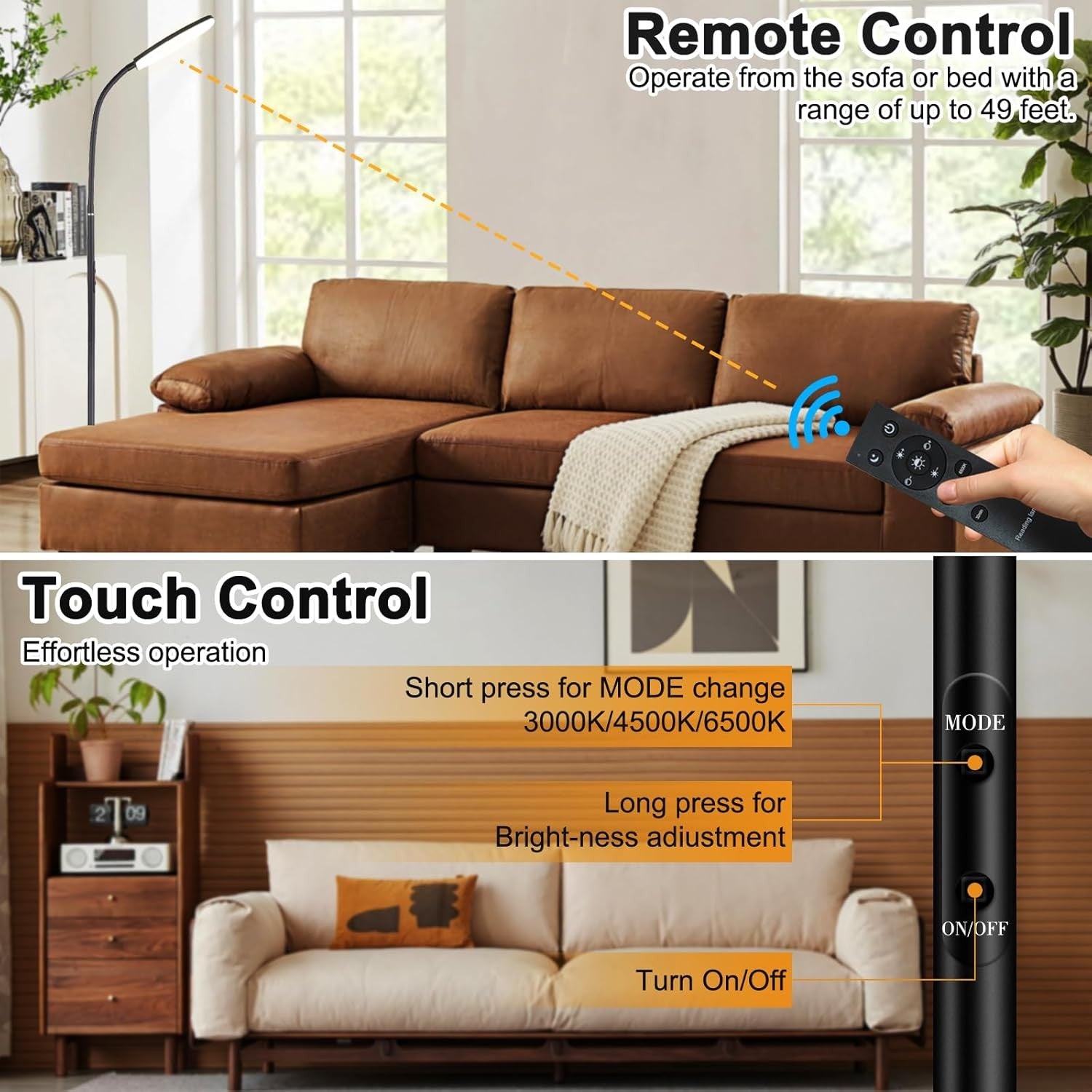LED Reading Floor Lamp Remote Touch Dimmable Gooseneck Modern Strip Light