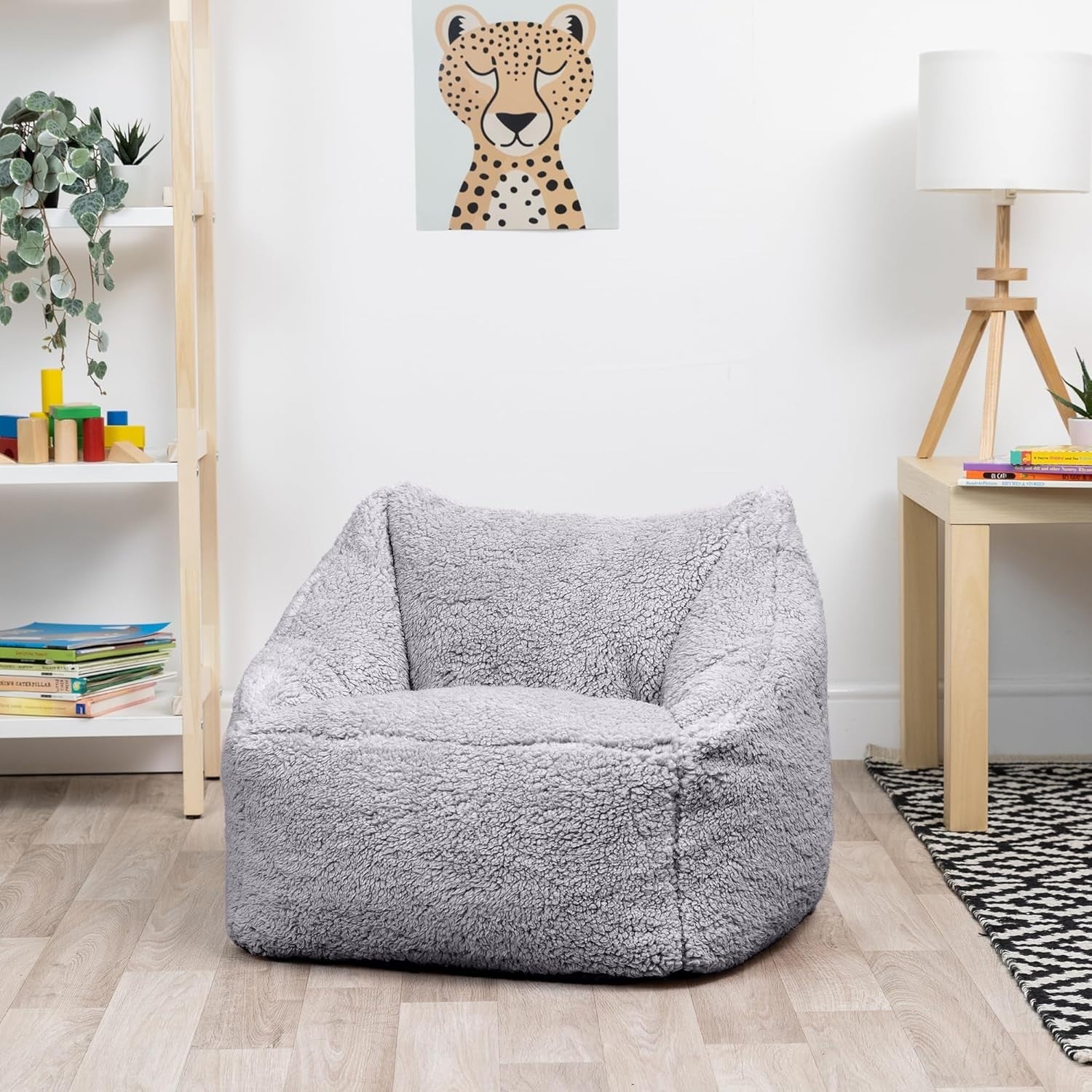2x Grey Kids Fleece Bean Bag Chairs Set for Bedroom, Nursery, Playroom
