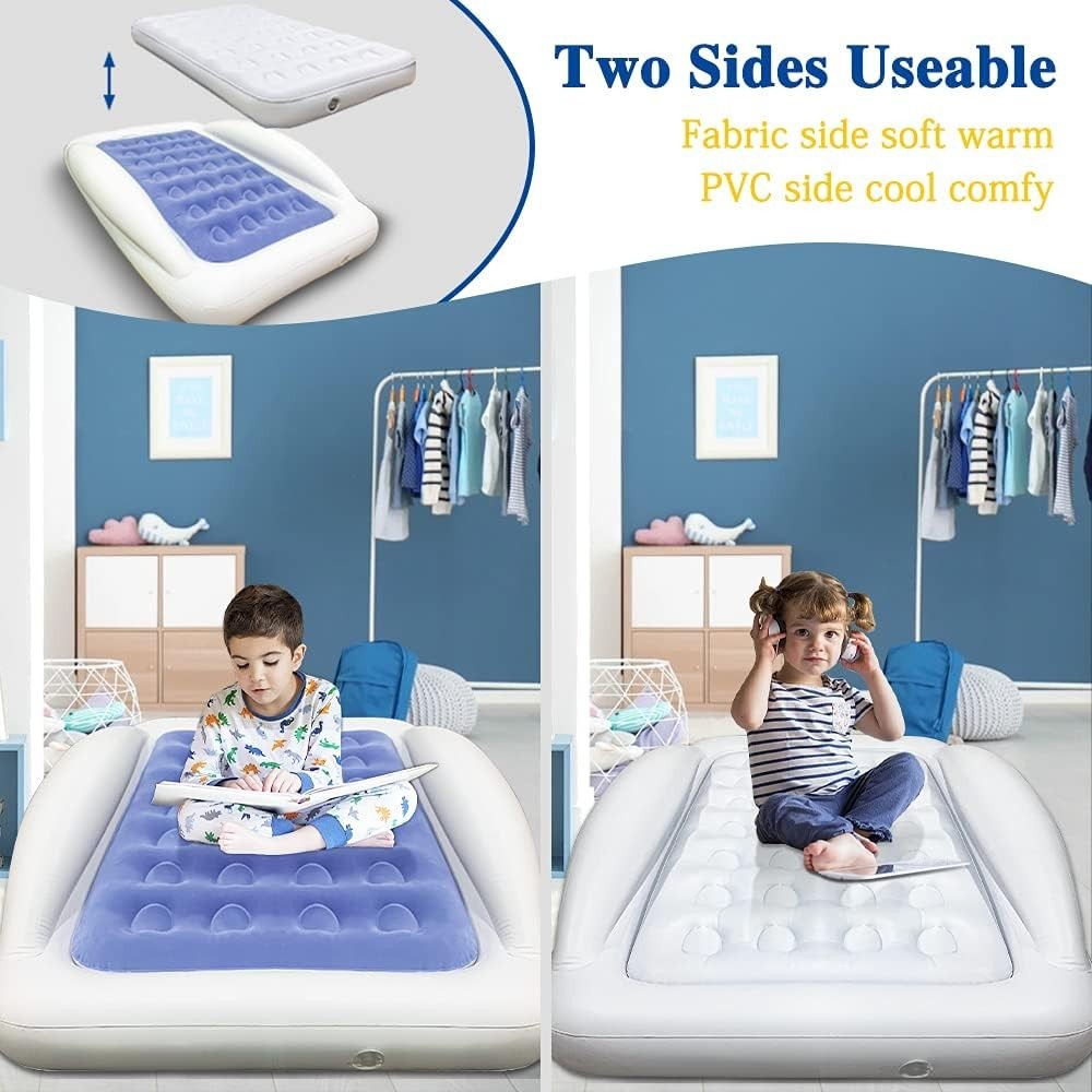 Inflatable Kids Travel Bed with Rails & Electric Pump | Toddler Mattress