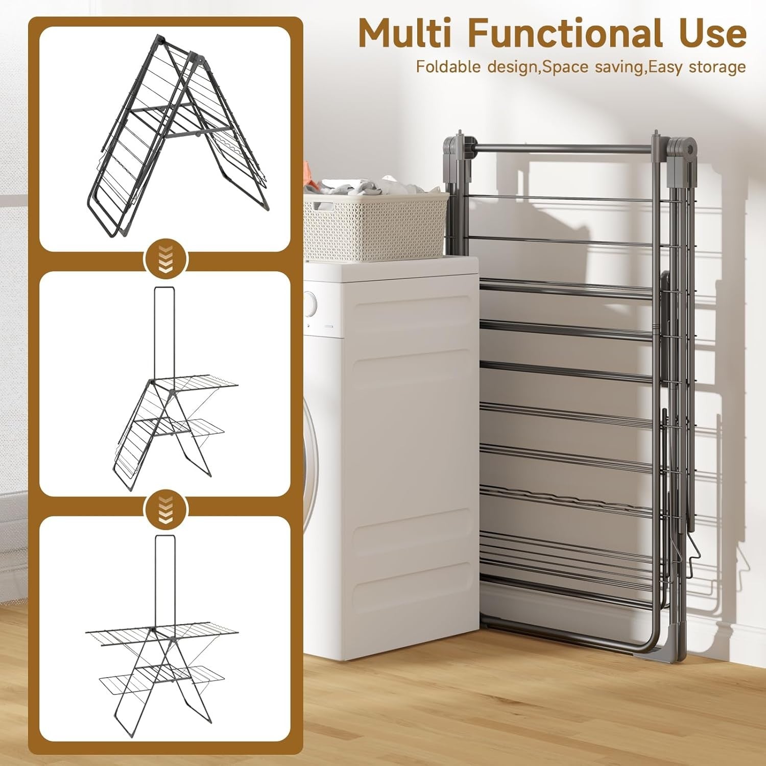 Large Winged Clothes Airer with High Hanger Folding Stainless Steel Drying Rack