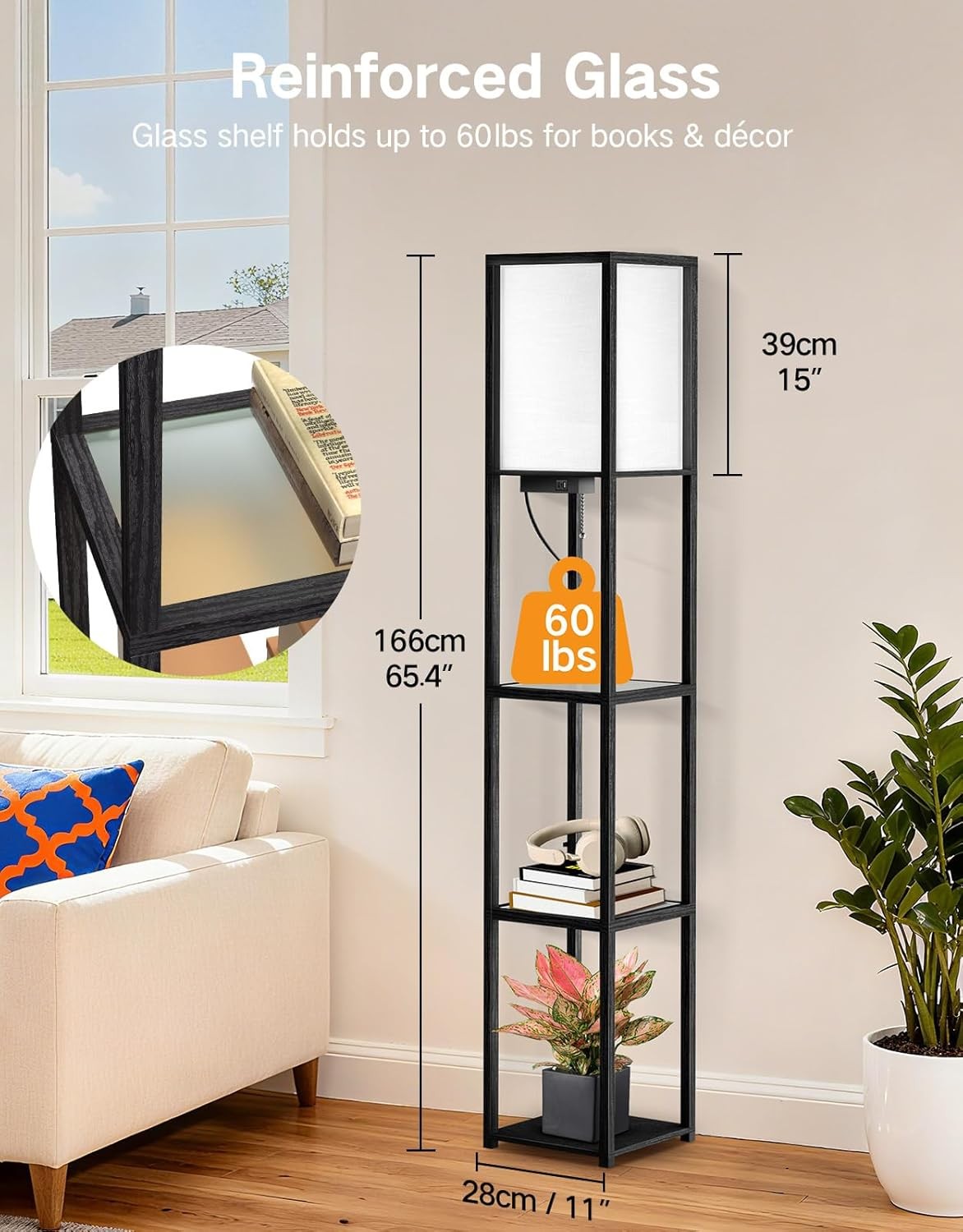 Floor Lamp with Shelves LED Dimmable Remote USB Storage Column Light Black