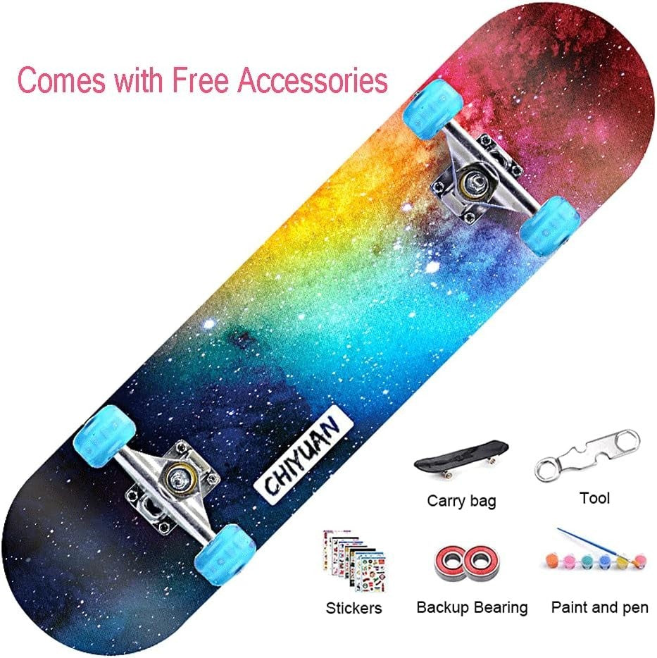 31" Double Kick Maple Skateboard w Flashing Wheels Kids Teens Beginners