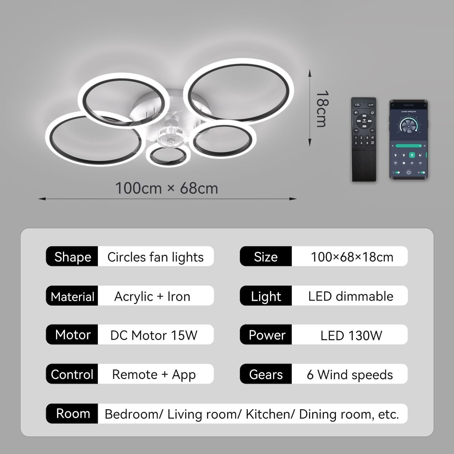 ycwdcz 100CM Smart Ceiling Fan with Light, Black, 6-Speed, Remote, LED