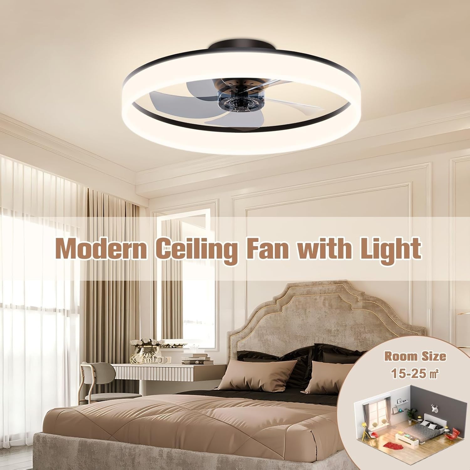 50cm Ceiling Fan with Lights, 6 Speeds, Dimmable LED, Remote, Black