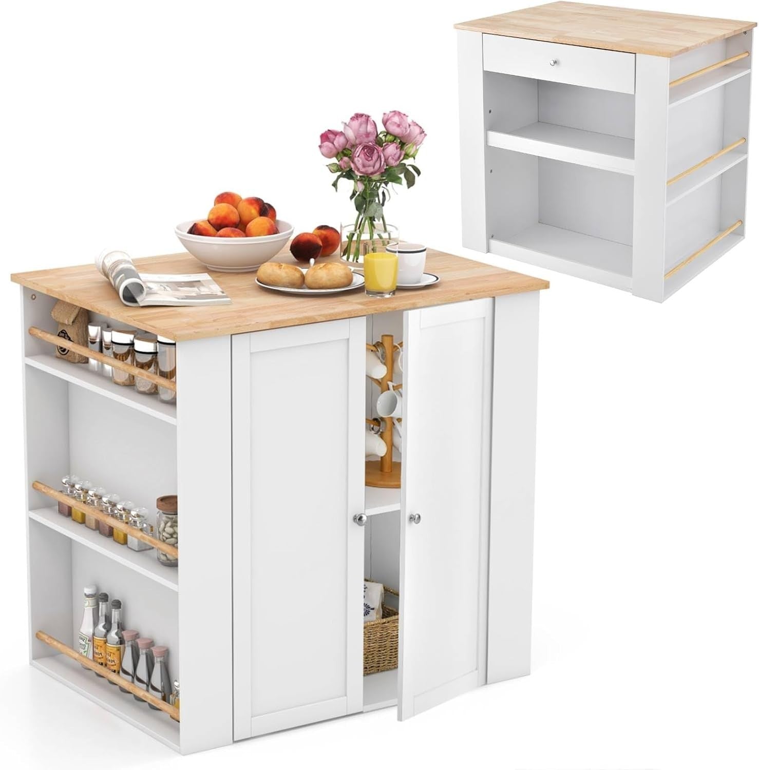 Rolling Kitchen Island Cabinet with Rubber Wood Top, Drawer & 6 Spice Racks