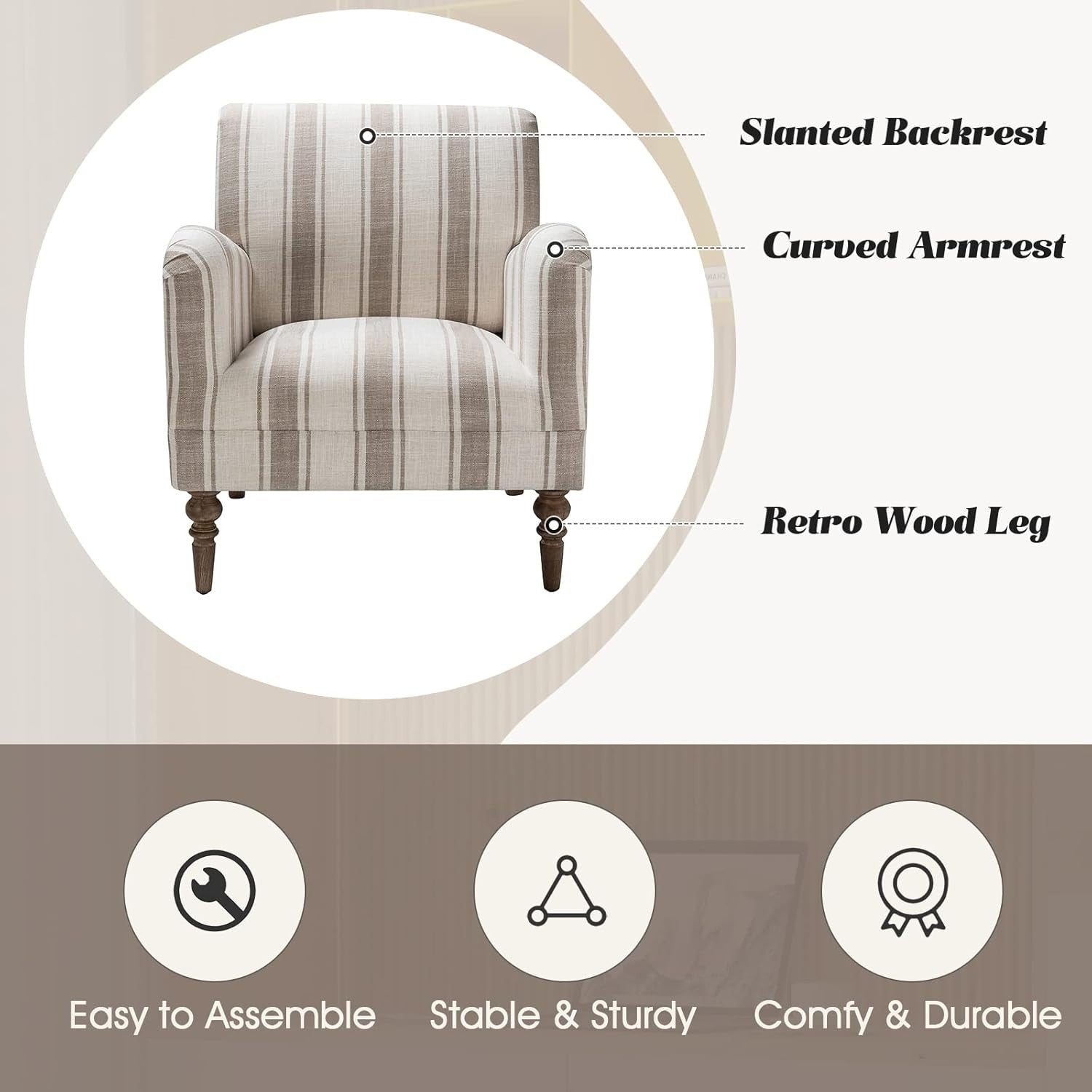 Striped Upholstered Armchair with Wooden Legs for Lounge or Bedroom