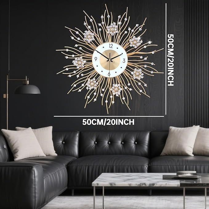 Large Sunflower Wall Clock 50cm Silent Modern Luxury Metal Crystal Home Decor