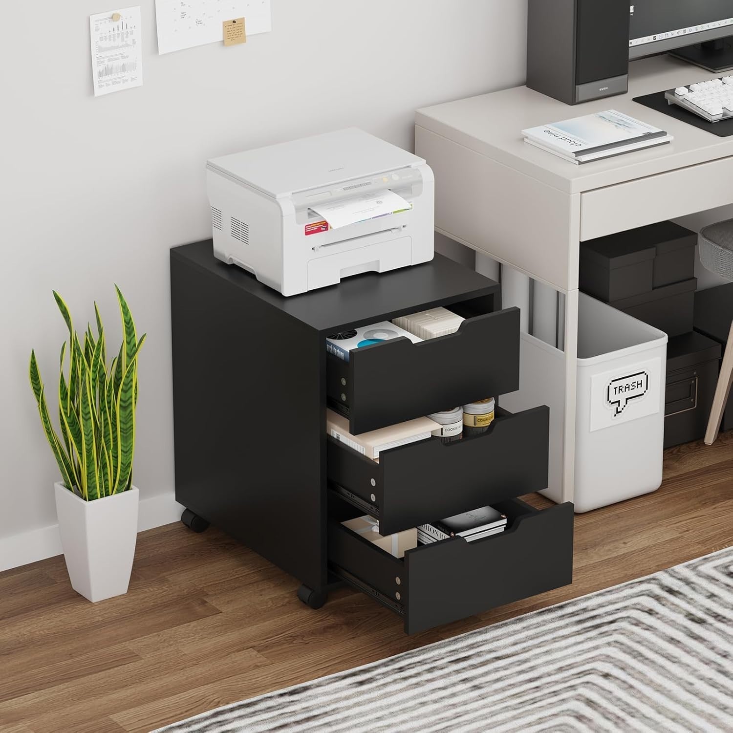 Black Rolling Desk Pedestal 3 Drawer Under Desk File Printer Cabinet