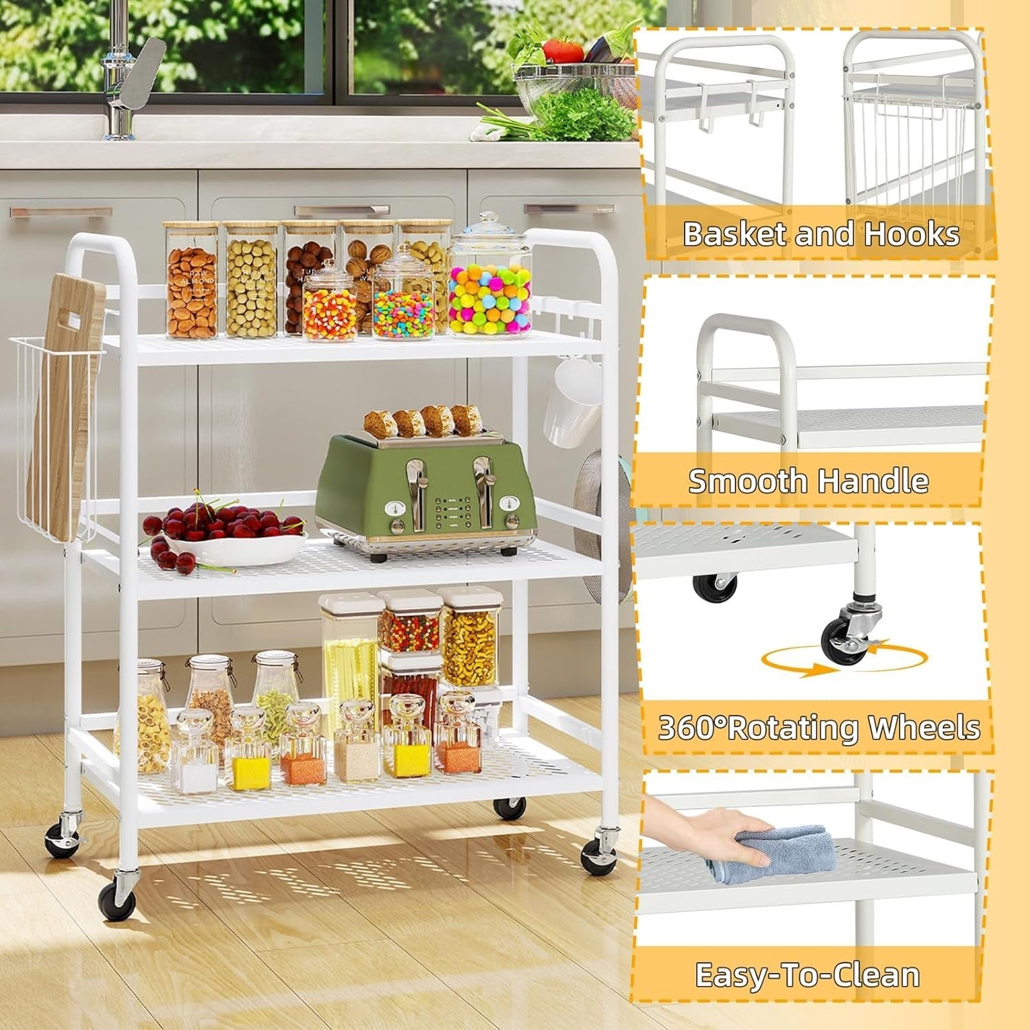 White 3 Tier Metal Mesh Rolling Utility Cart Heavy Duty Storage Rack