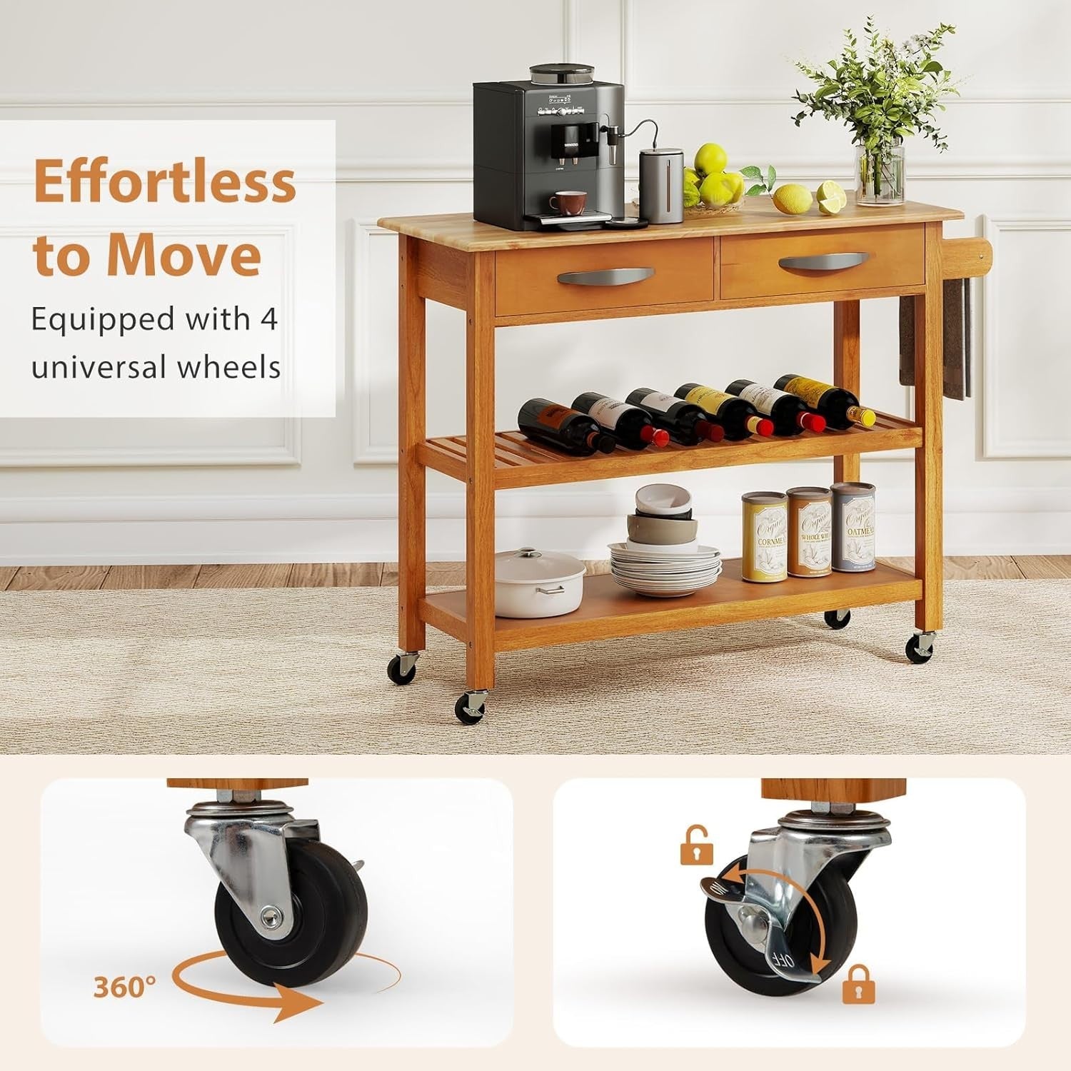 Natural Wood Kitchen Island Trolley 116x43x89cm w/ Drawers & Wheels