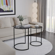 2pc Round Nesting Coffee Table Set Black Glass Top Steel Base Modern Side End