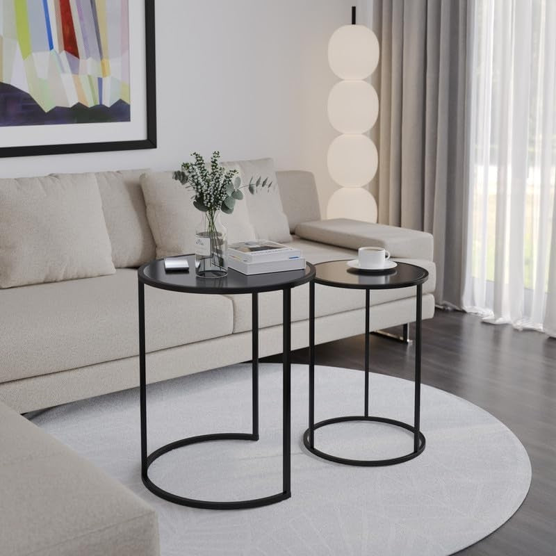 2pc Round Nesting Coffee Table Set Black Glass Top Steel Base Modern Side End
