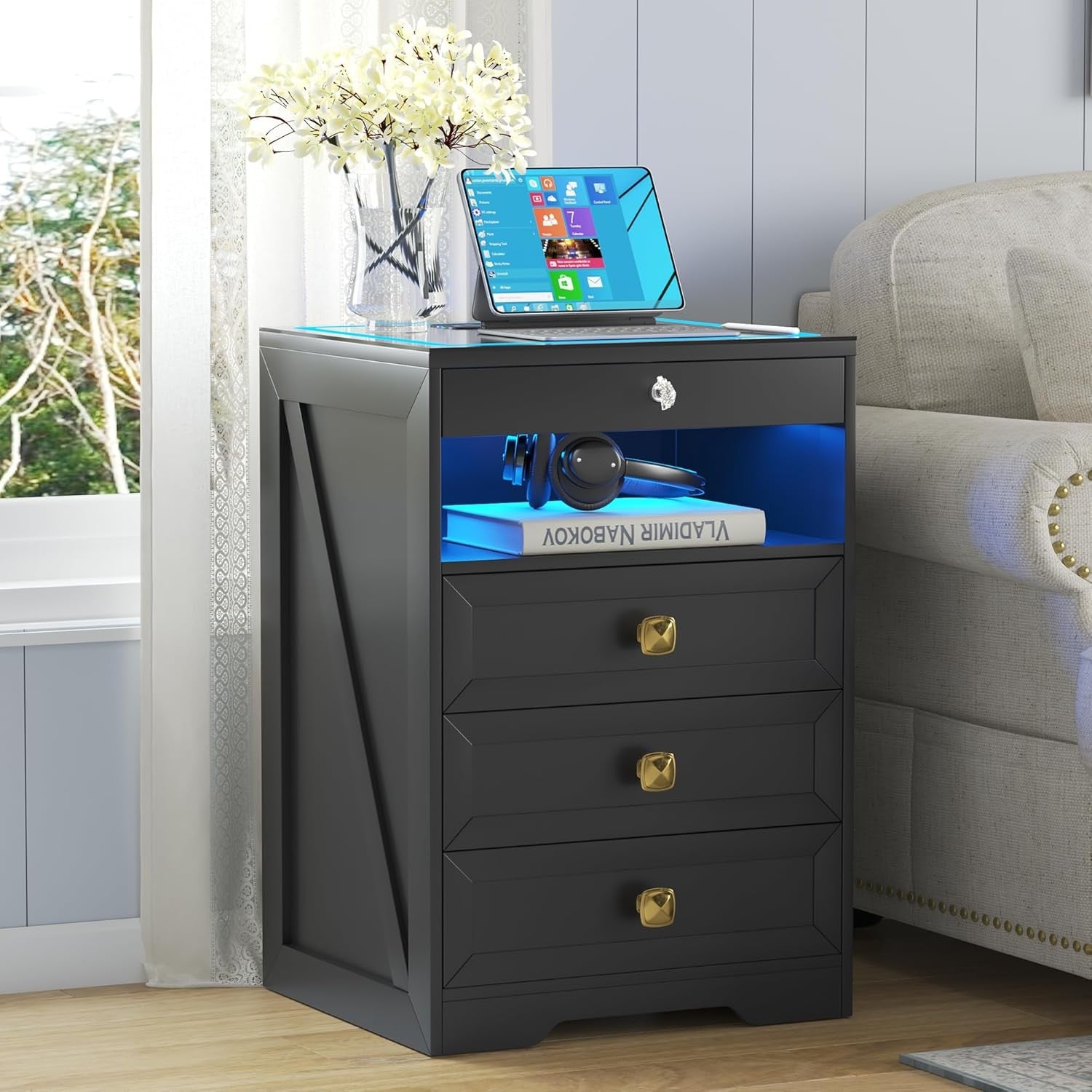Black LED Bedside Table Wireless Charging, Glass Top & Hidden Drawer