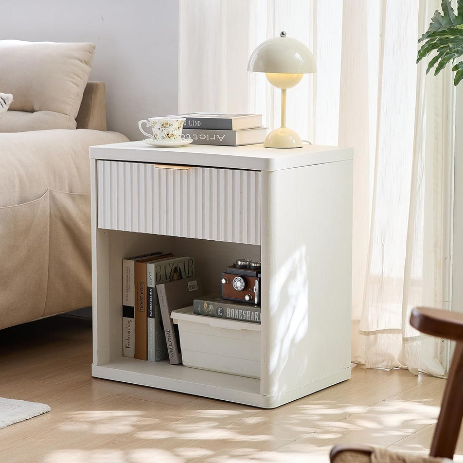White Fluted Bedside Table with Drawer Modern Nightstand Storage Cabinet