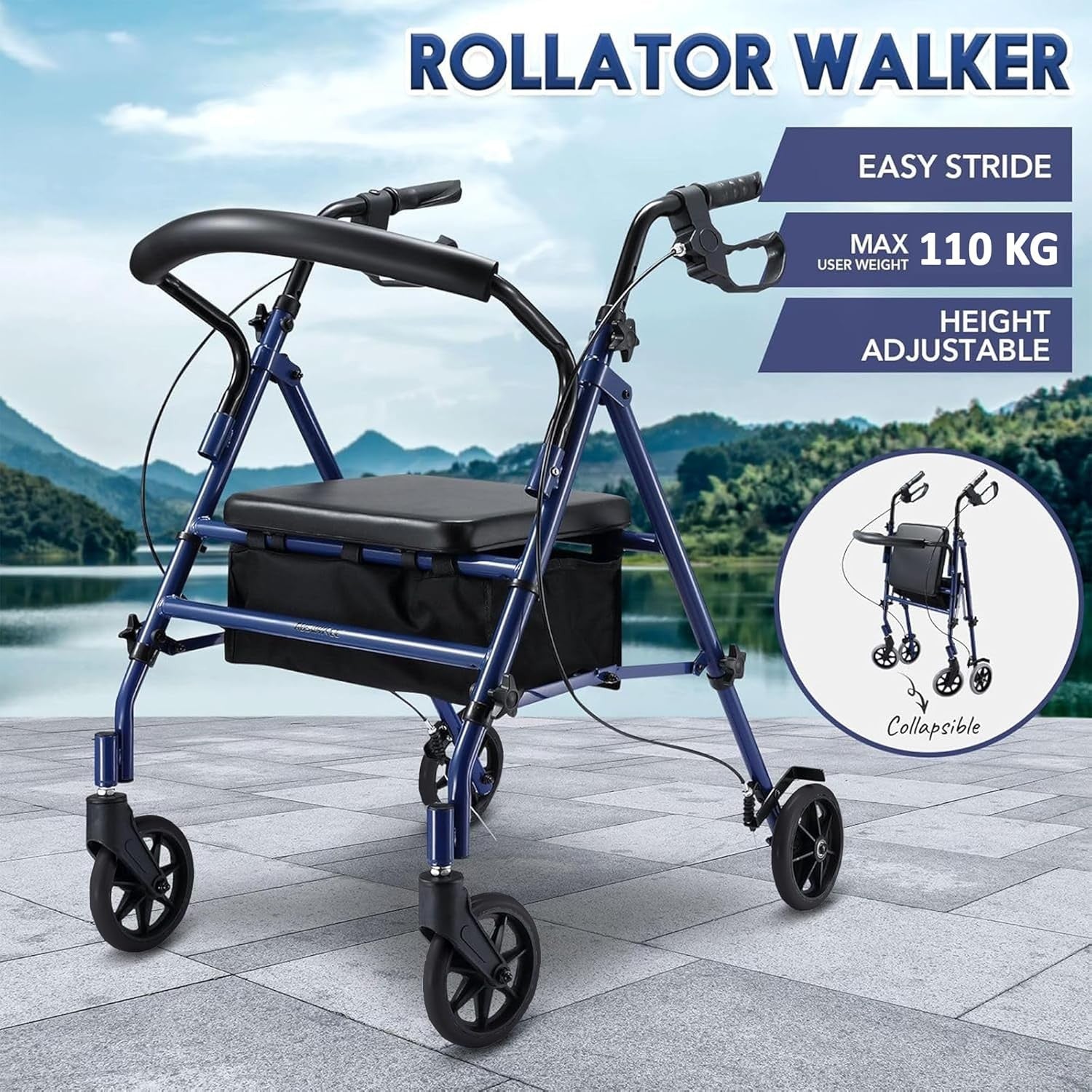 Lightweight Folding Rollator Walker with Seat 4 Wheels Adjustable Brakes