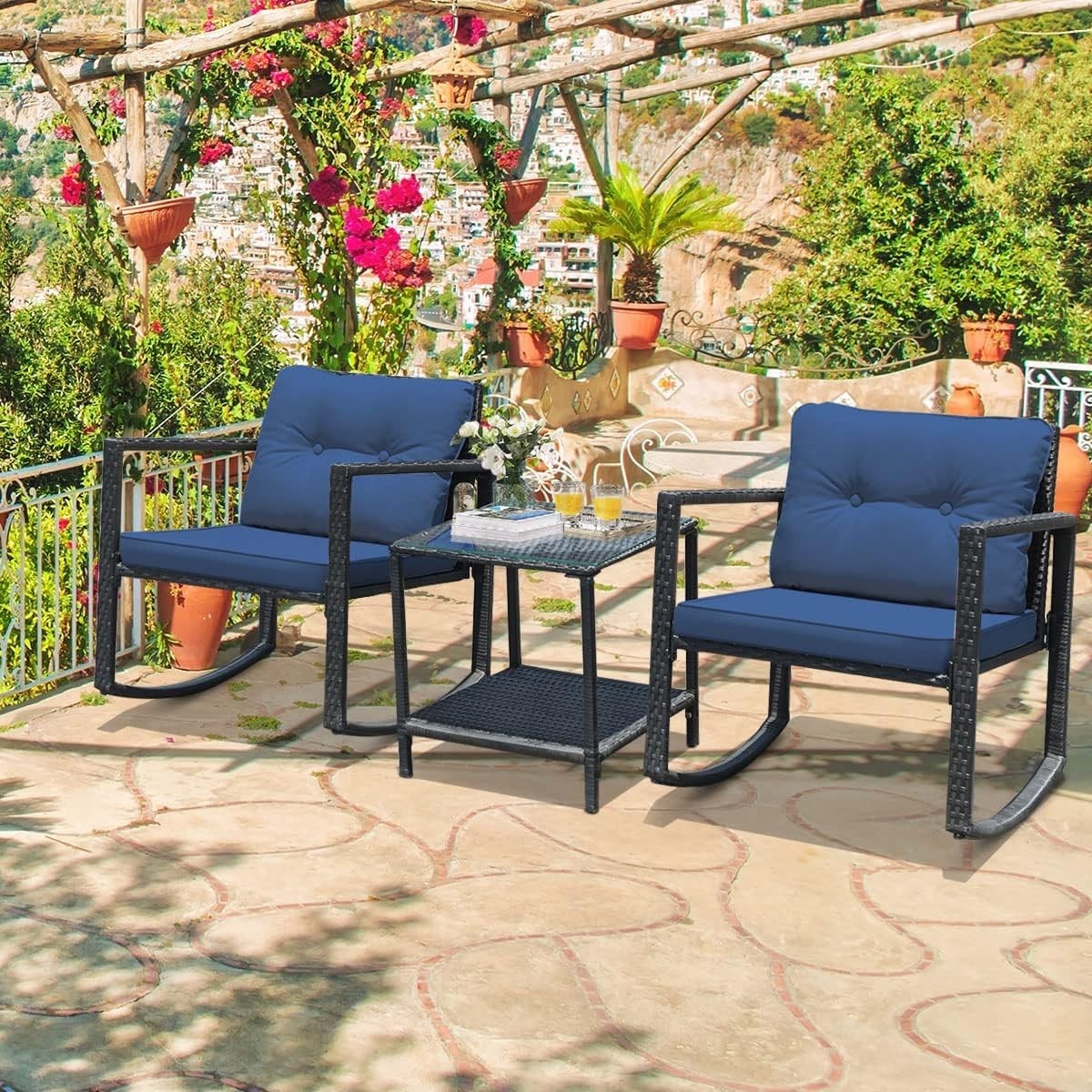 Rocking Rattan Bistro Set 3PC Patio Chairs with Two Tier Glass Table Cushions