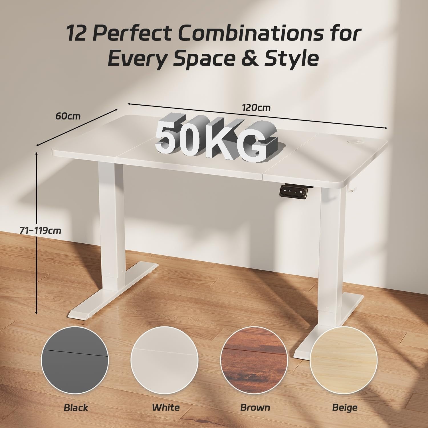 Electric Standing Desk 120x60cm Adjustable Sit Stand Table with Memory – White