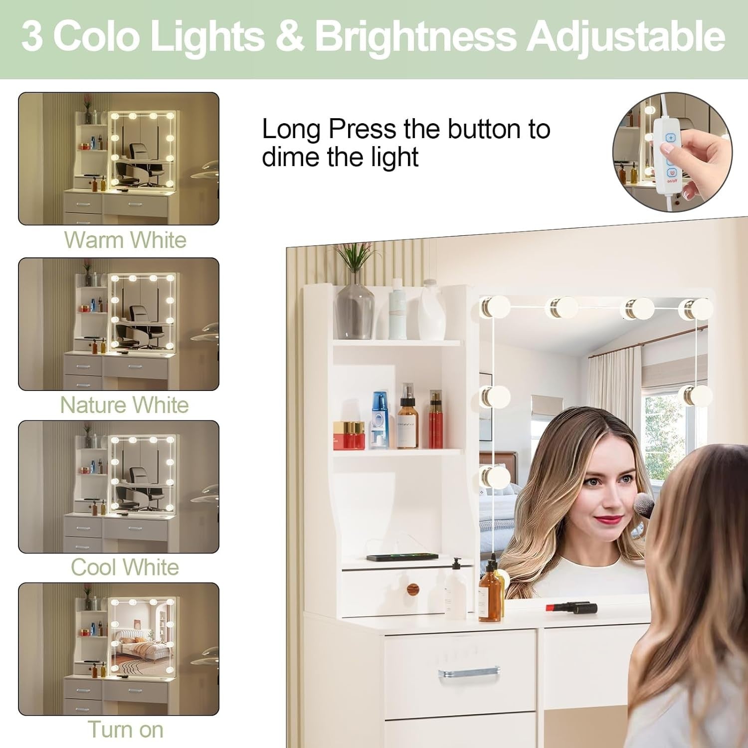 White Vanity Dressing Table w/ LED Mirror 6 Drawers Stool Makeup Desk