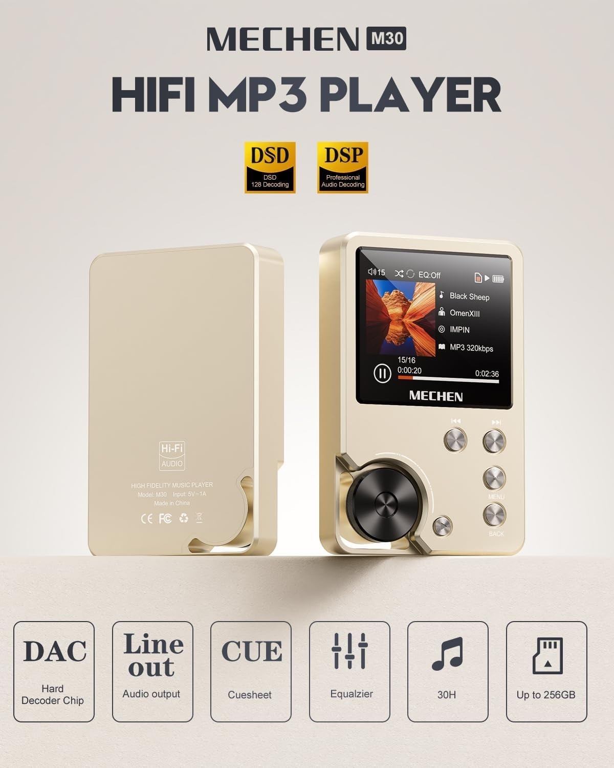 HiFi Lossless Audio Player 64GB DSD DAC Portable MP3 Music Player 256GB Gold