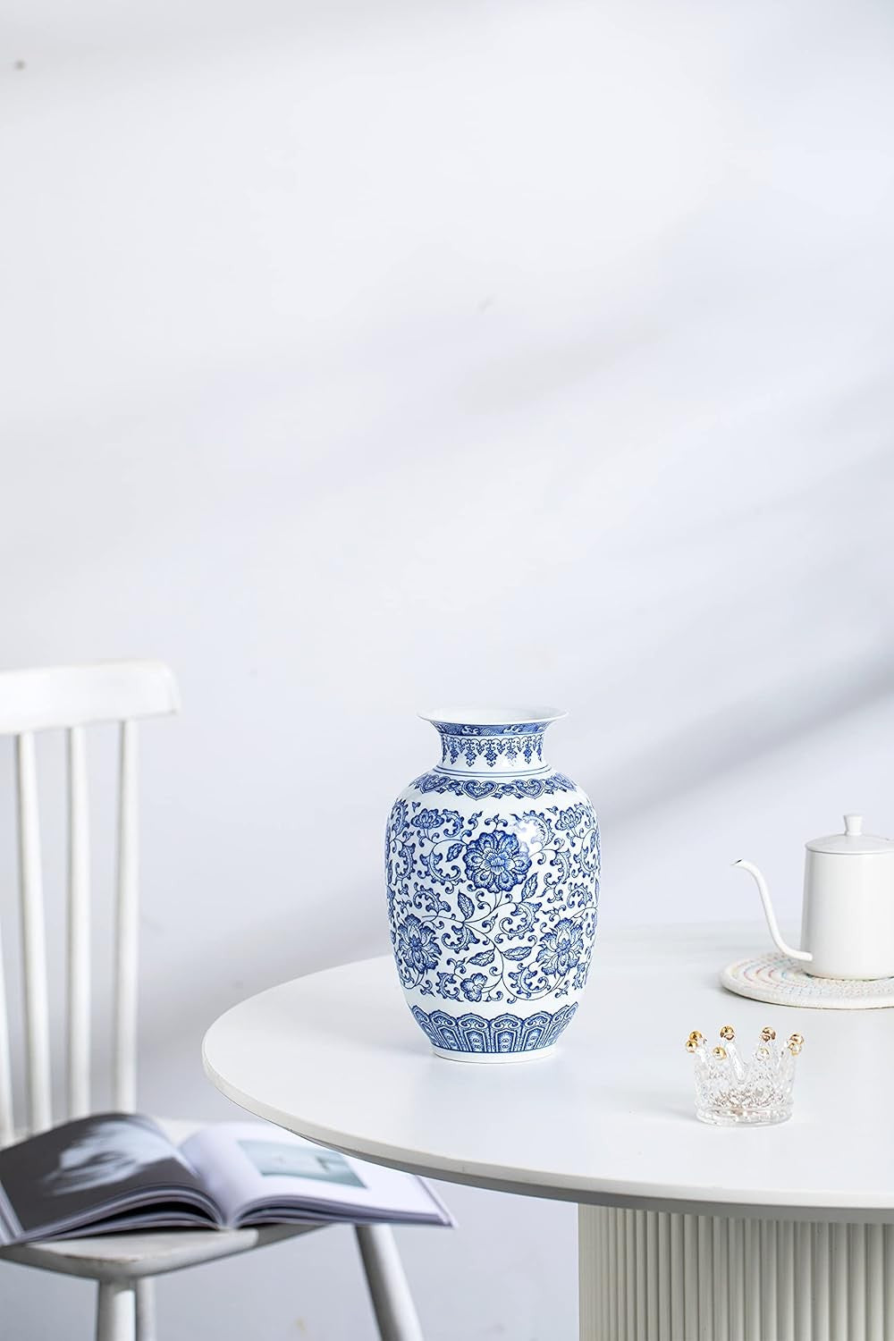 Blue White Ceramic Vase Chinoiserie Floral Decor Table Centerpiece 9 Inch