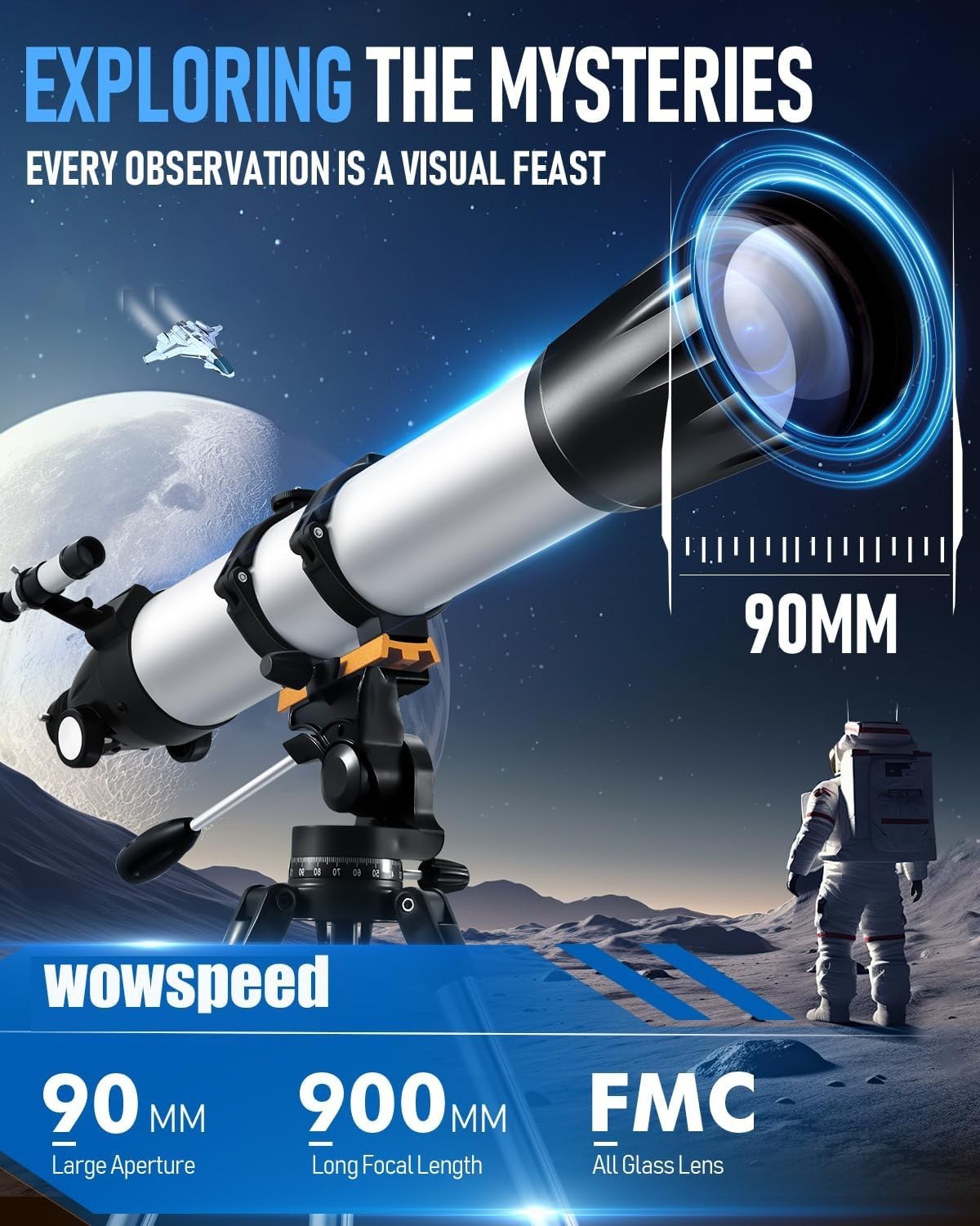 90mm Black Refractor Telescope 900mm AZ Mount with Phone Adapter