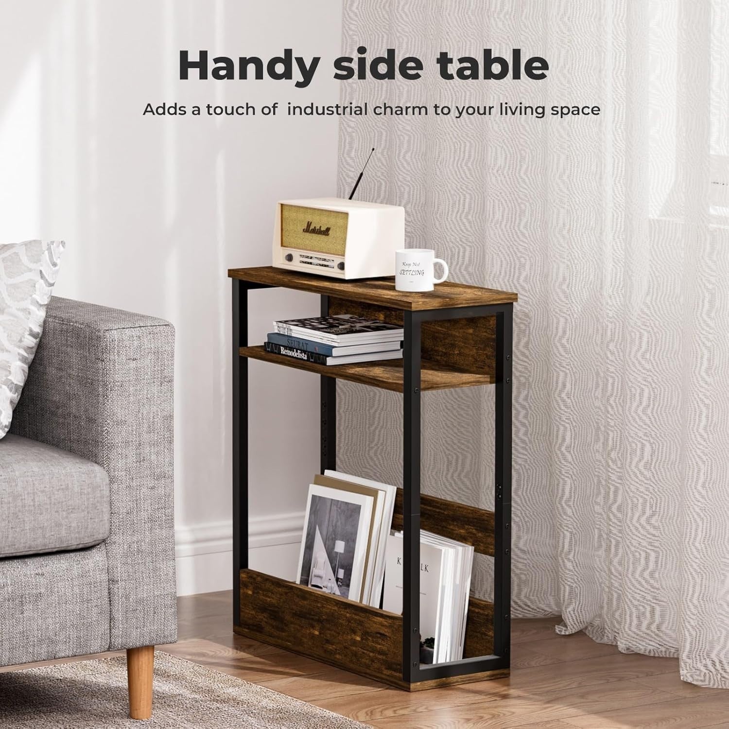 Space-Saving 3-Tier Side Table with Storage Shelf for Narrow Rooms Brown