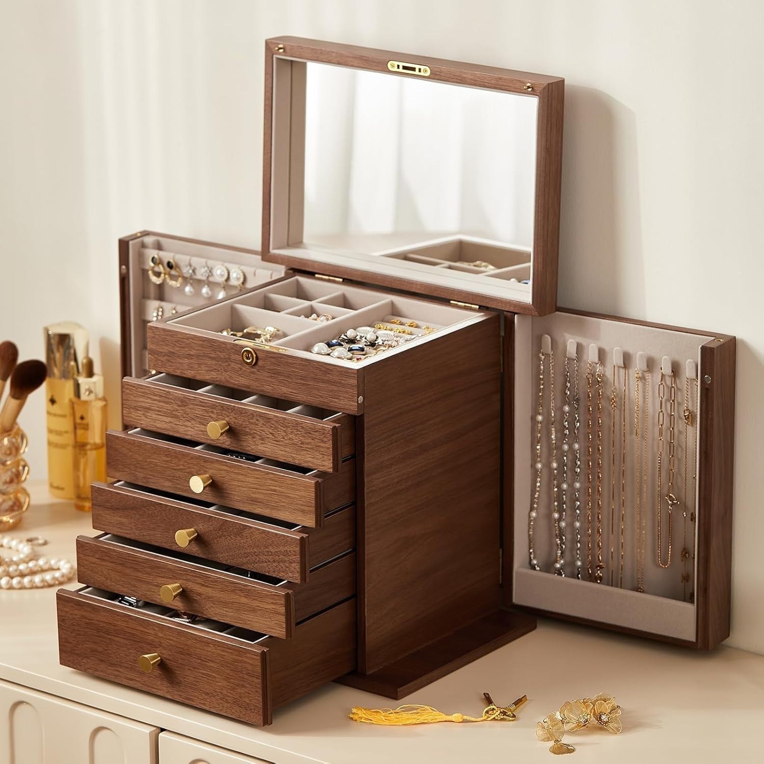 Walnut Wooden Jewelry Organizer Box Lockable Mirror 6 Layer Storage
