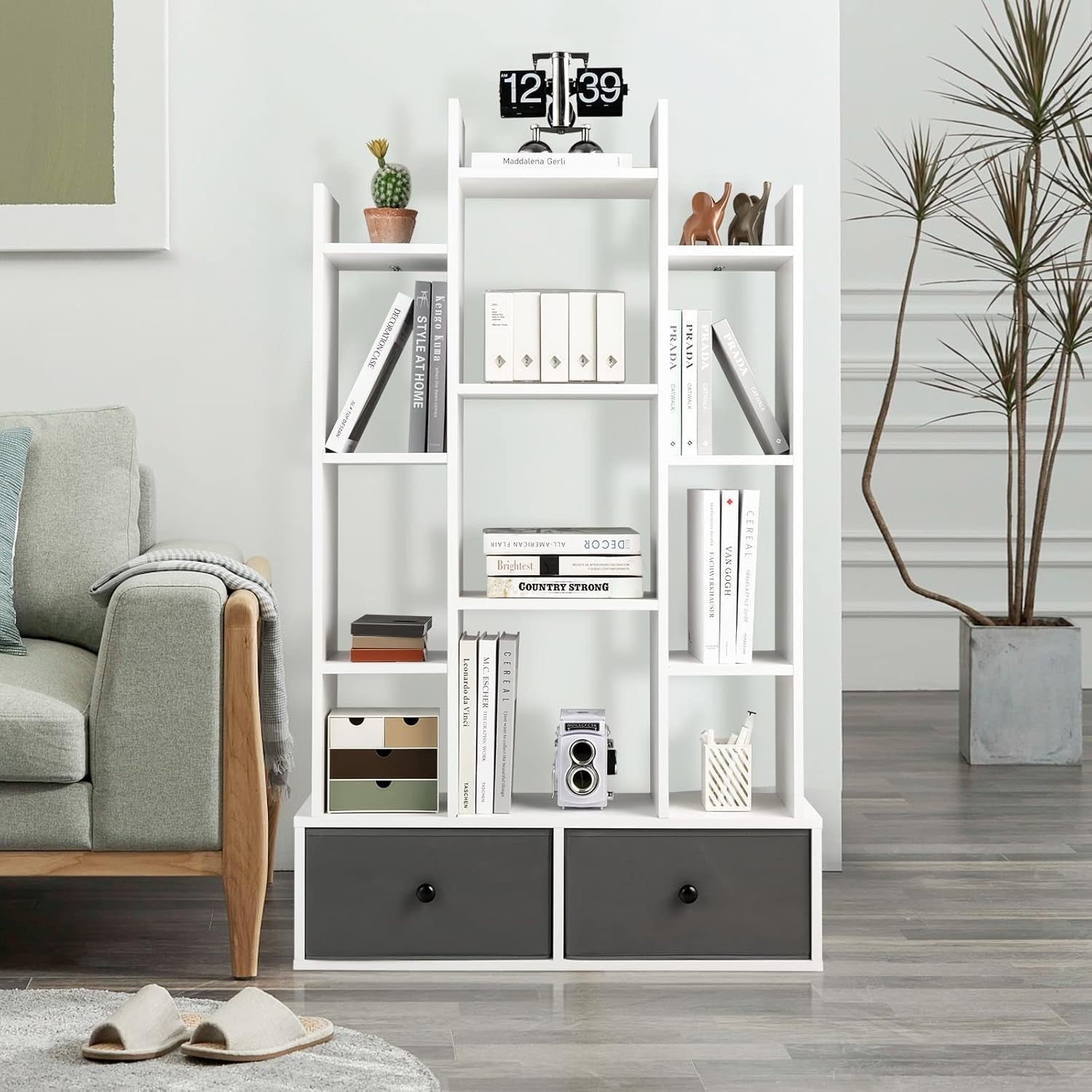 12-Tier White Wooden Bookshelf with 2 Foldable Drawers, Waterproof Storage