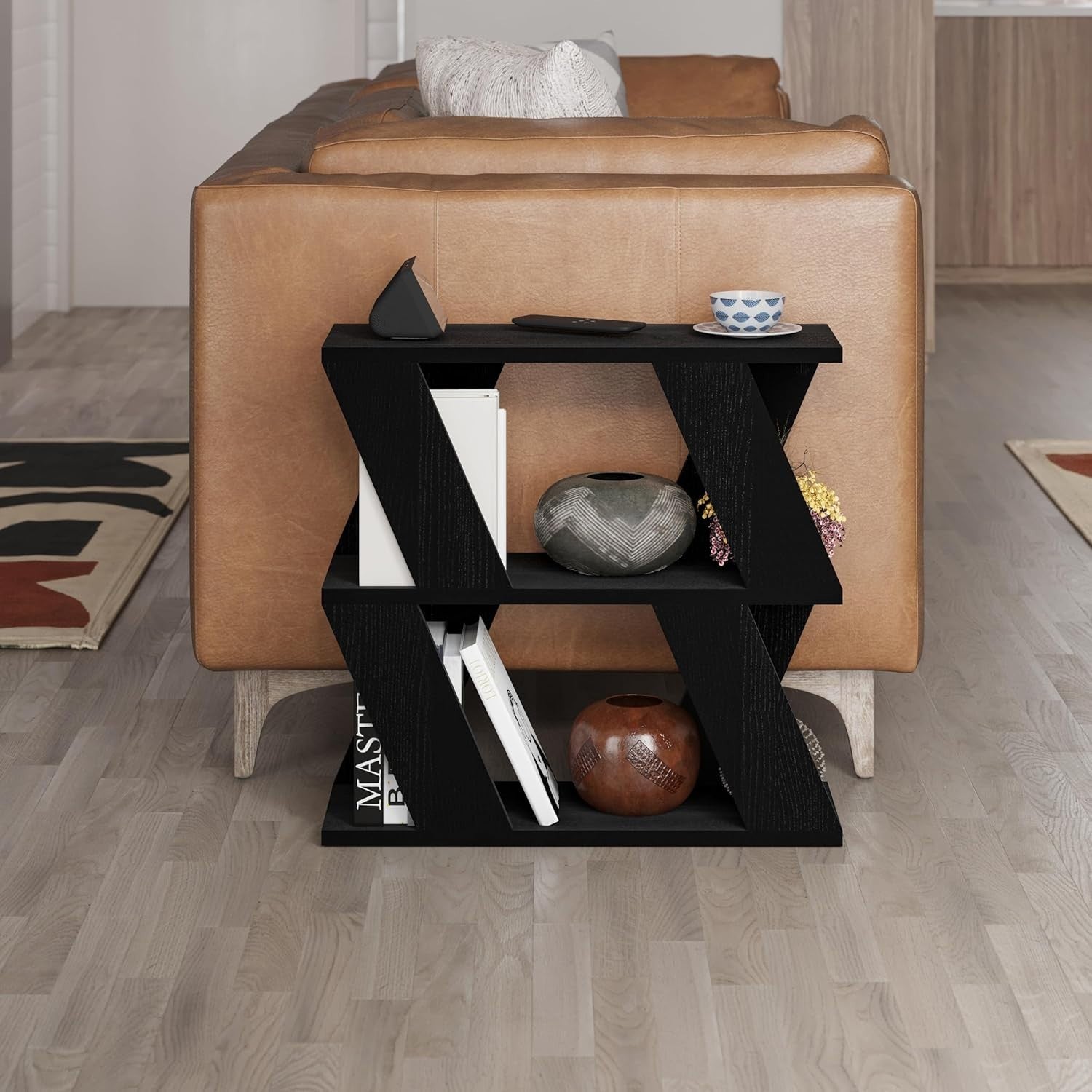 Slim Black Wood Side Table with 2 Tier Storage Shelf | Modern 60cm