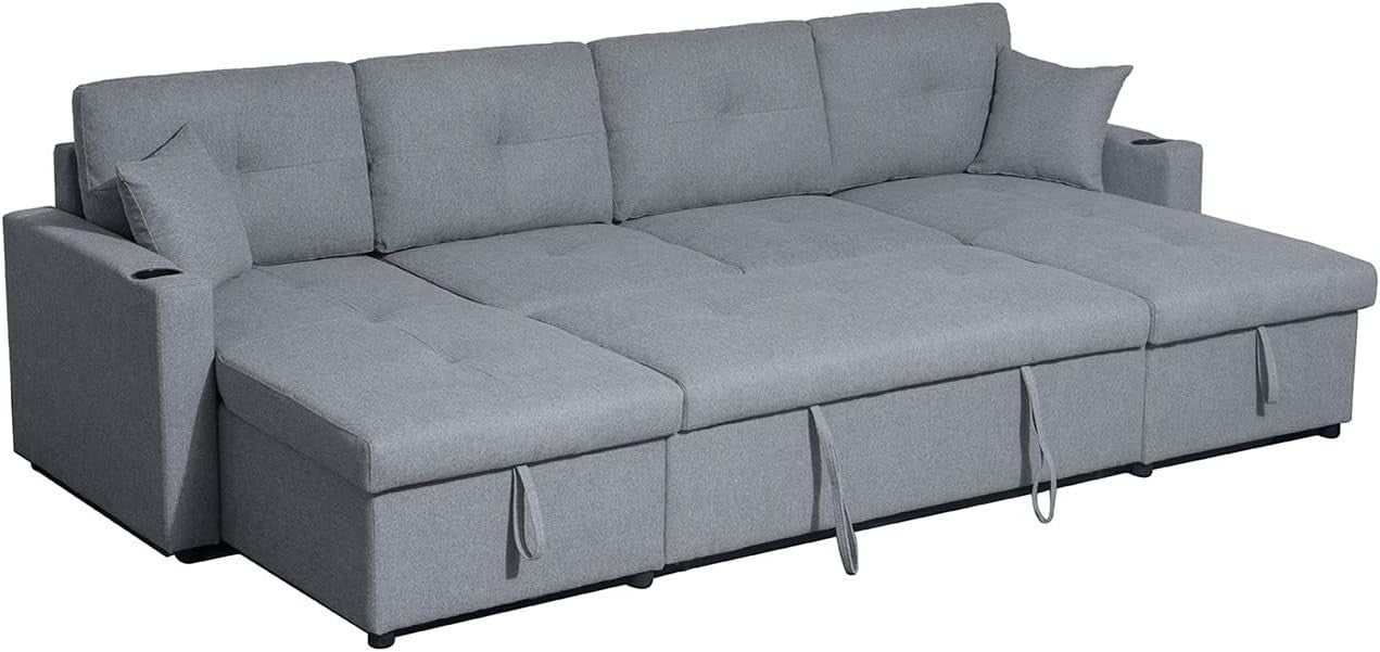 Grey Fabric U-Shaped 4 Seater Sofa Bed with Storage & Pull-Out Suite