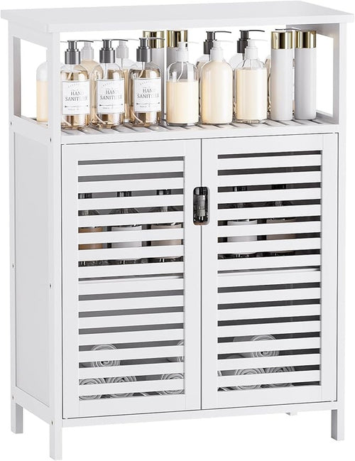 White Bamboo Storage Cabinet with Shutter Doors & Open Shelf 60x30x80cm