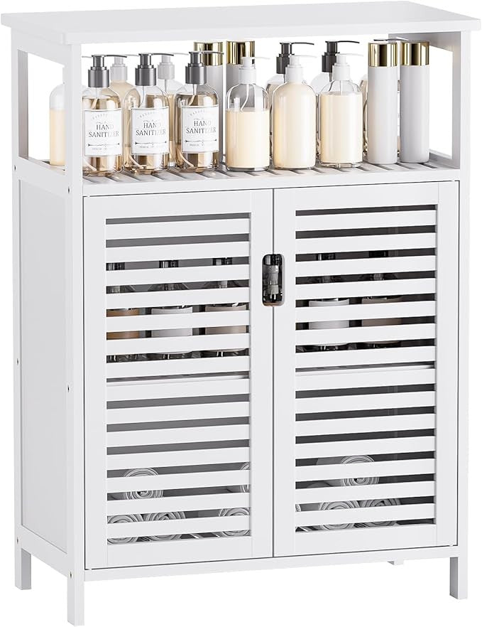 White Bamboo Storage Cabinet with Shutter Doors & Open Shelf 60x30x80cm