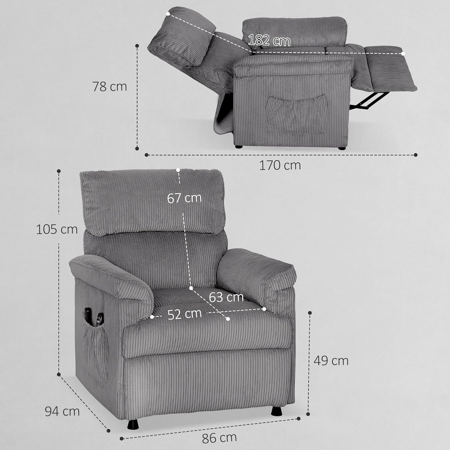 Electric Massage Recliner Chair Heat USB Port Corduroy Power Recliner Grey