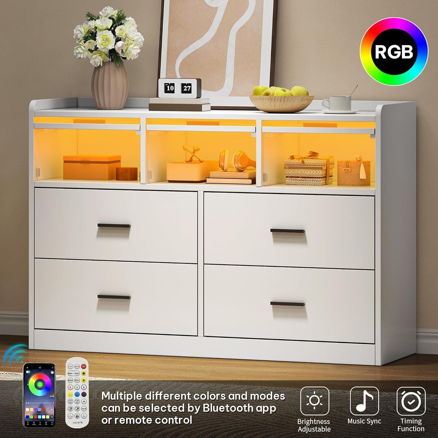 White 7 Drawer RGB LED Chest Storage Unit for Bedroom Kids Gaming Setup