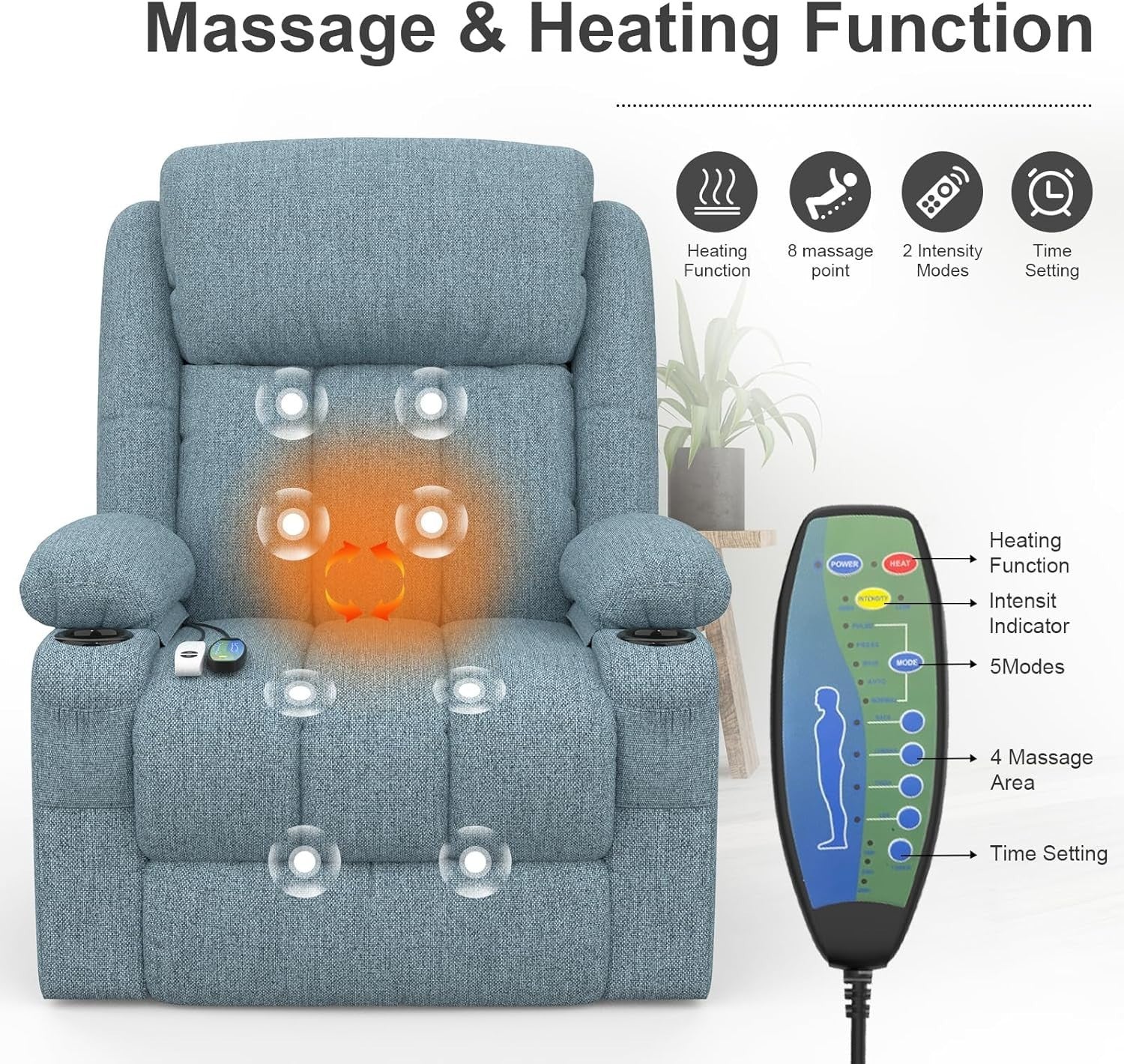 Power Lift Recliner Chair Massage Heat USB Ports Cup Holders Fabric Blue