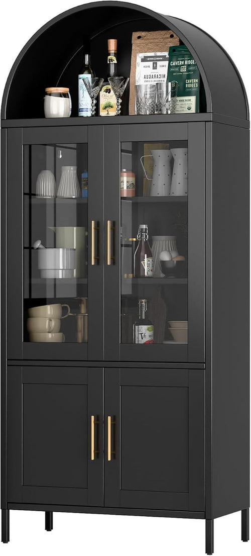 185cm Tall Metal Arched Kitchen Pantry Cabinet Black | 4-Door Storage