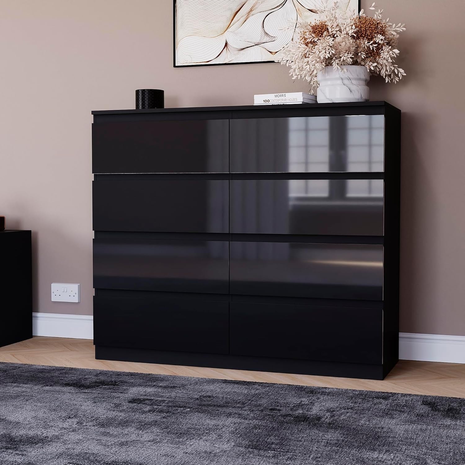 Black High Gloss 8 Drawer Chest Modern Storage Cabinet Bedroom Organizer