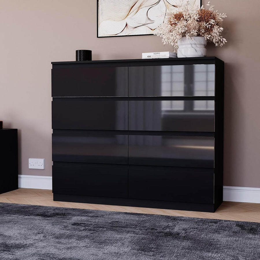 Black High Gloss 8 Drawer Chest Modern Storage Cabinet Bedroom Organizer
