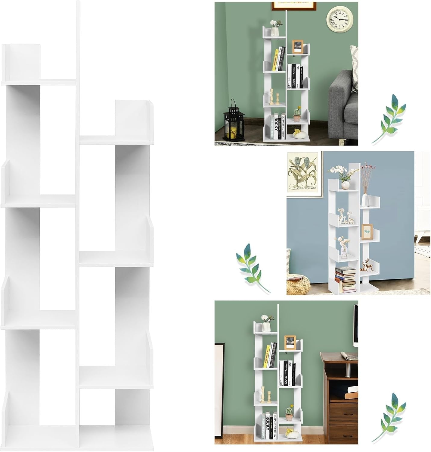 8 Tier Tree Bookshelf White Tall Bookcase Modern Storage Rack For Living Room