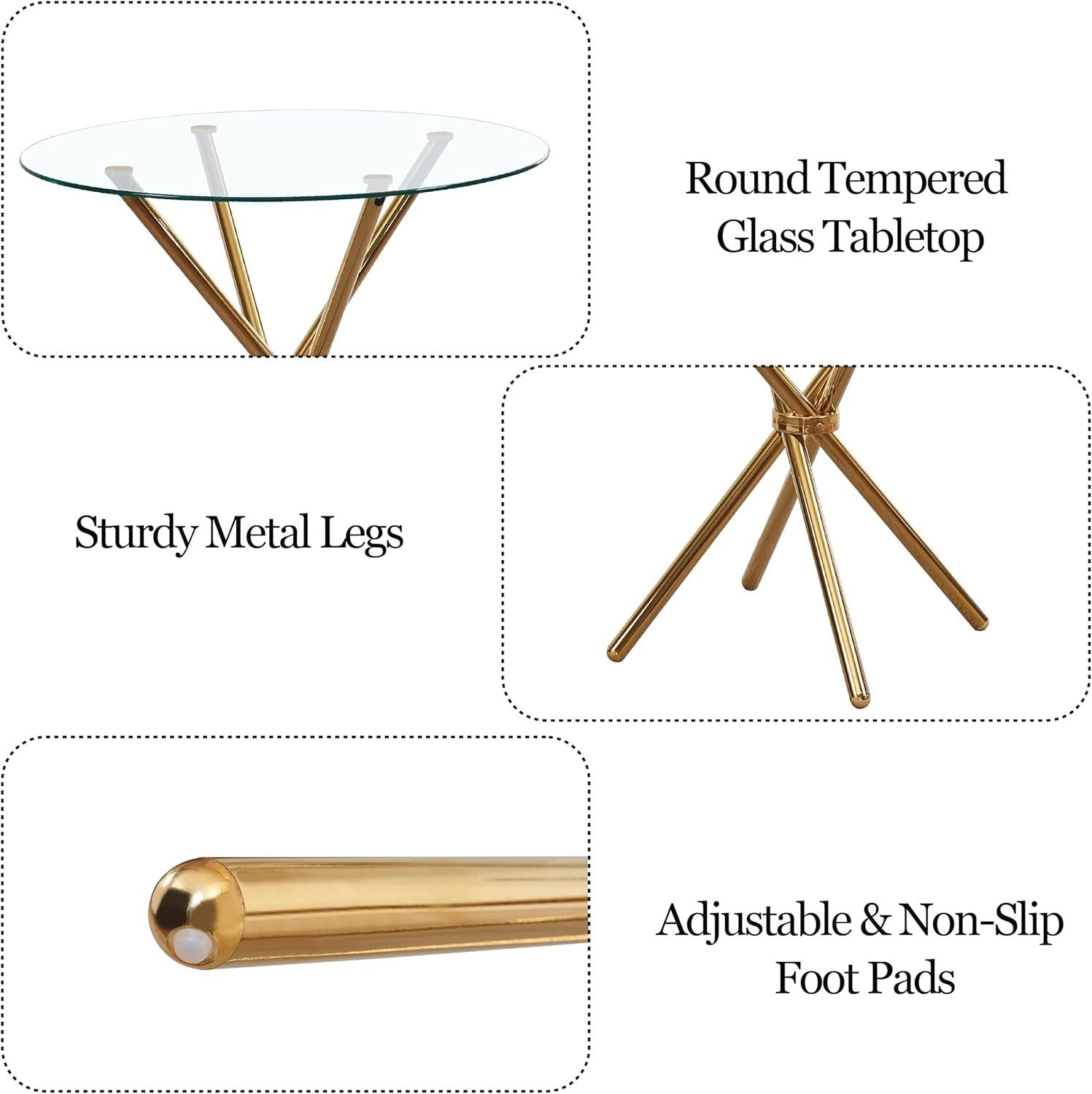 Glass Dining Table Set for 4 Gold Legs Modern Kitchen Small Space 90cm