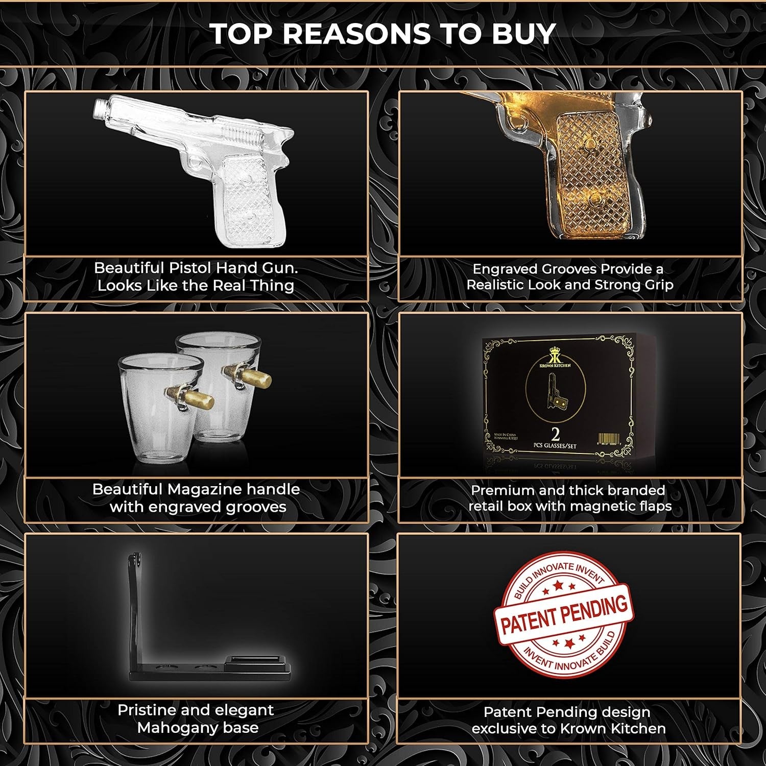 Pistol Gun Whiskey Decanter Set Glass Bottle with Bullet Shot Glasses