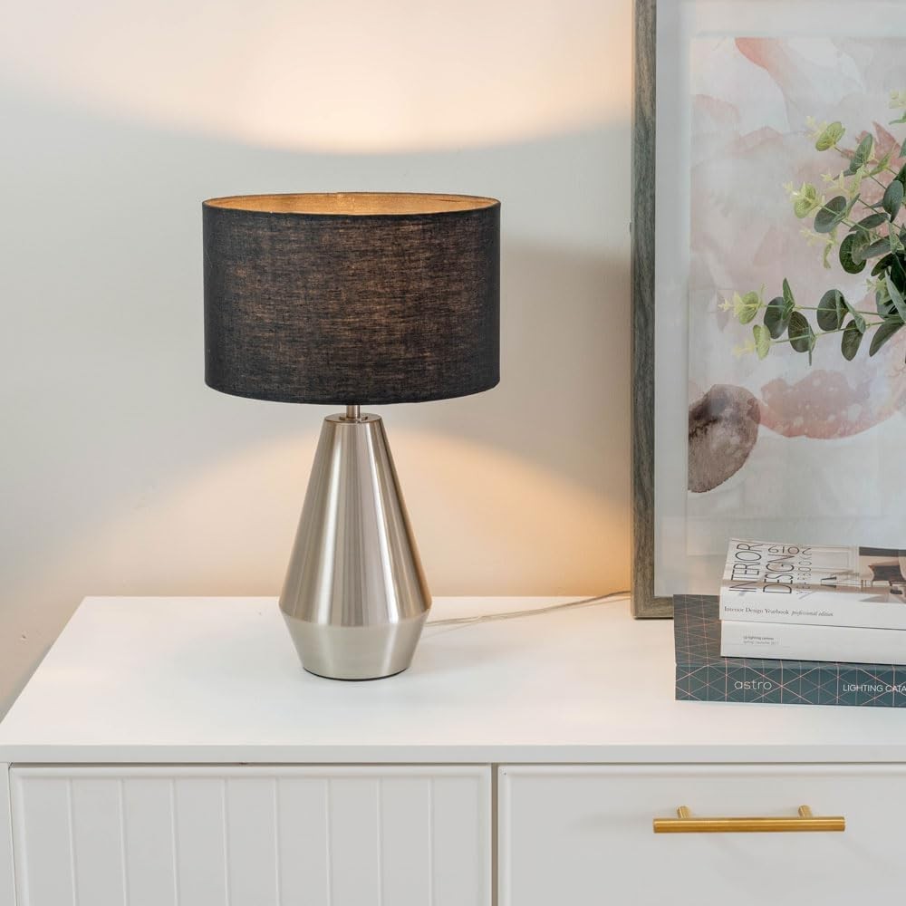 Silver Touch Dimmer Table Lamp Grey Drum Shade Bedside LED Light