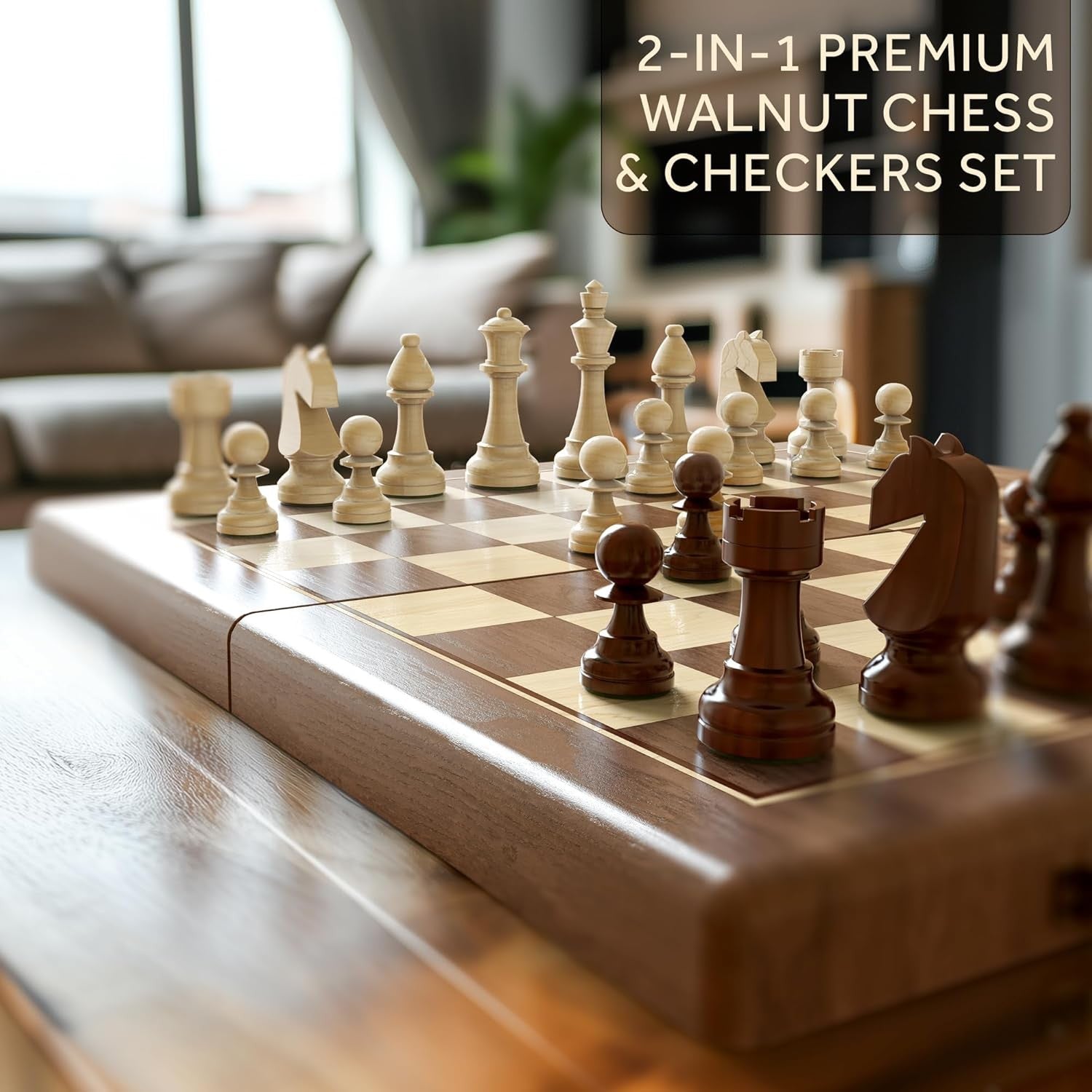 Walnut Magnetic 2-in-1 Chess & Checkers Set | 38cm Folding Wooden Board