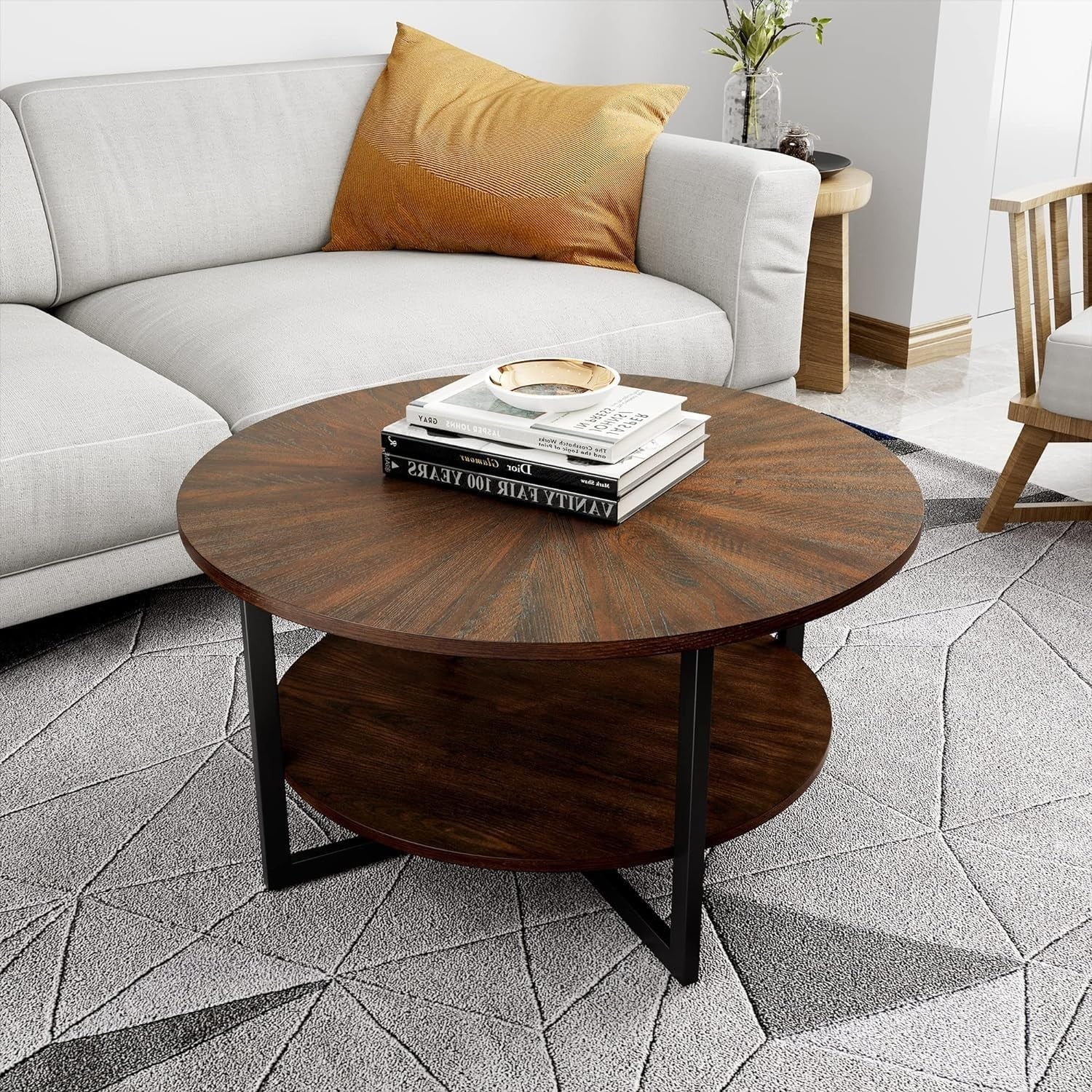 Round Coffee Table with 2-Tier Storage, Solid Wood & Metal Frame 85x45.3cm