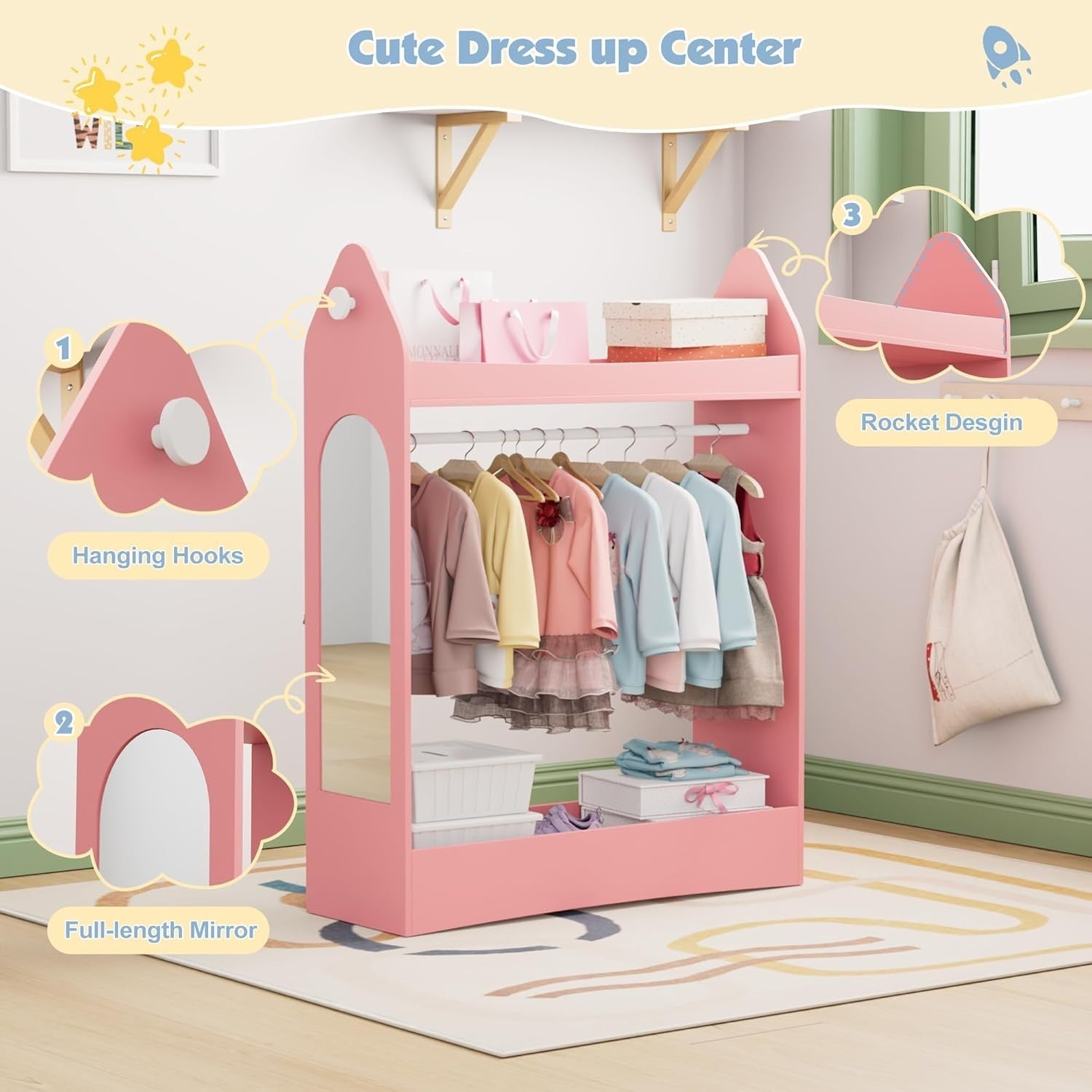 Kids Wardrobe with Mirror & Hanging Rail, Open Storage, Pink Rocket Design