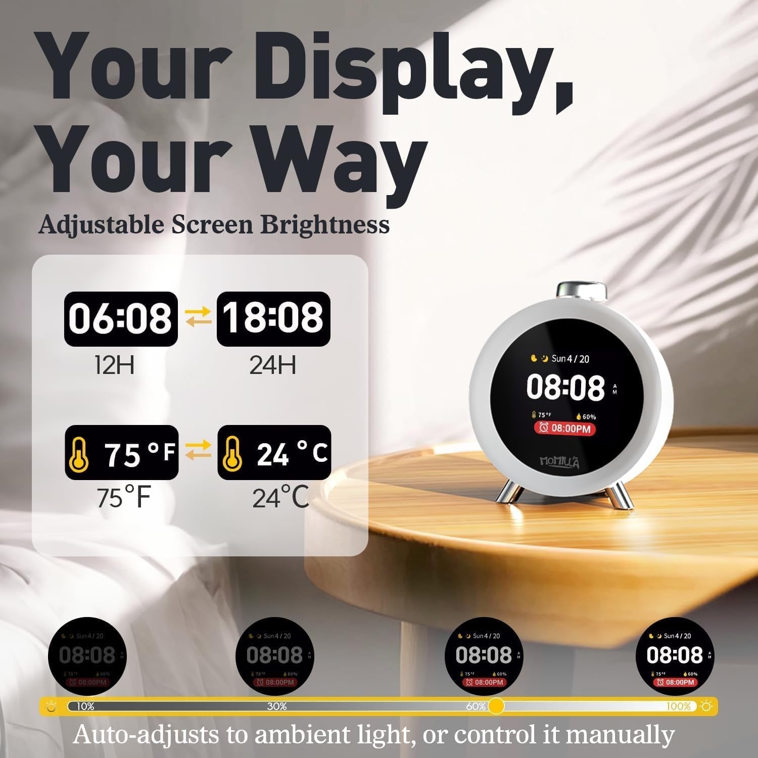 Smart Animated Digital Alarm Clock Sleep Sounds Temp Humidity Sensor Bedside