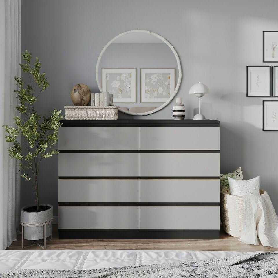 Modern 8 Drawer Chest Black Grey Storage Cabinet for Bedroom Office