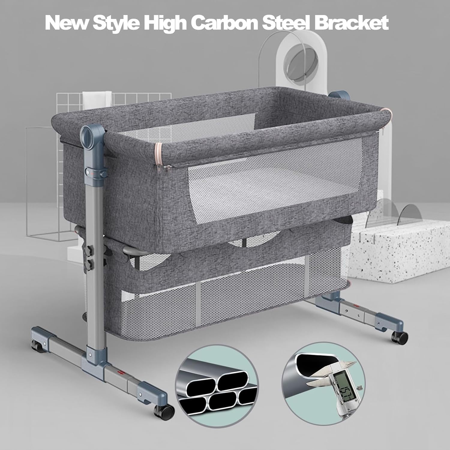 3in1 Baby Bedside Crib Foldable Travel Bassinet with Mattress & Storage Grey