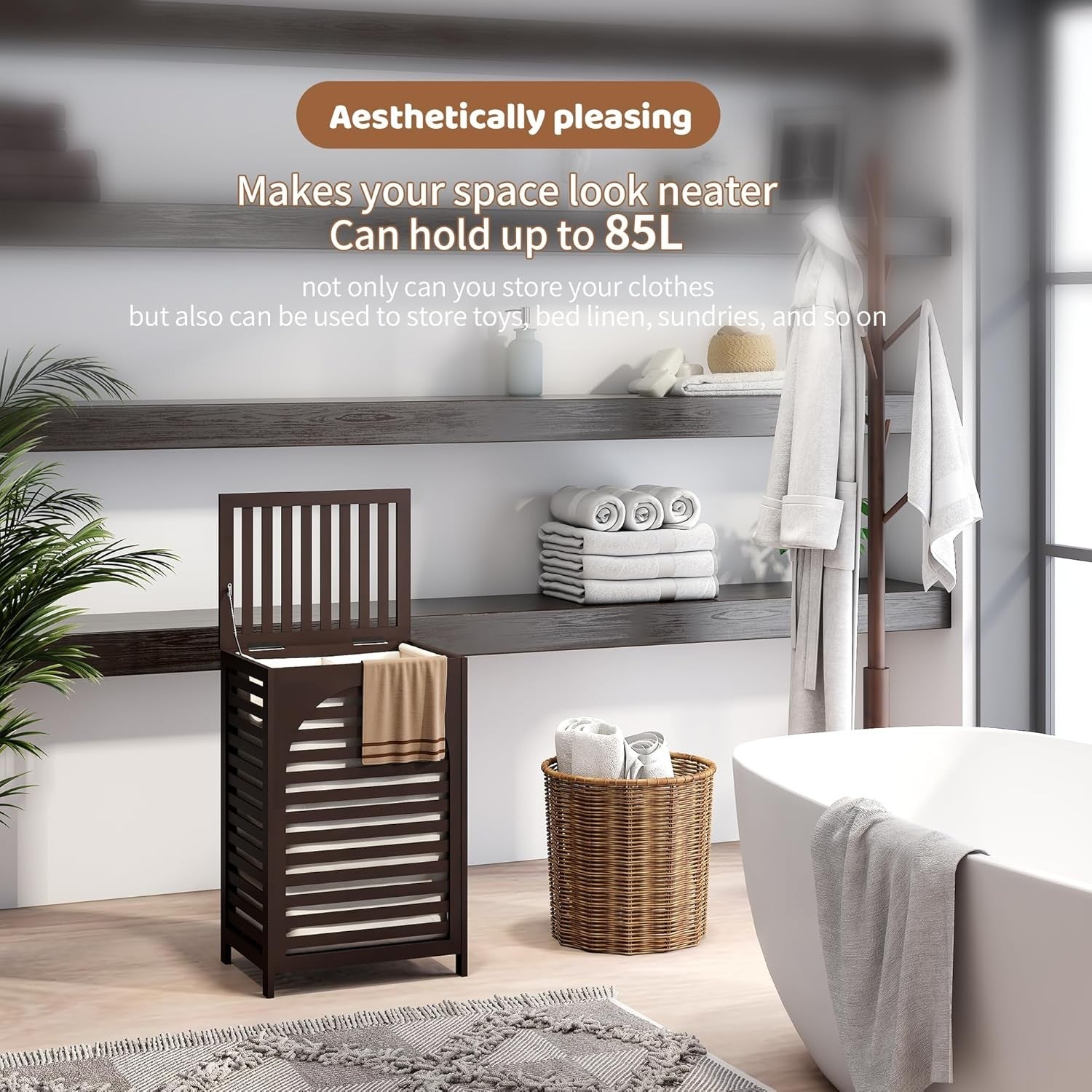 85L Bamboo Laundry Hamper with Lid Large Laundry Basket Removable Liner Brown