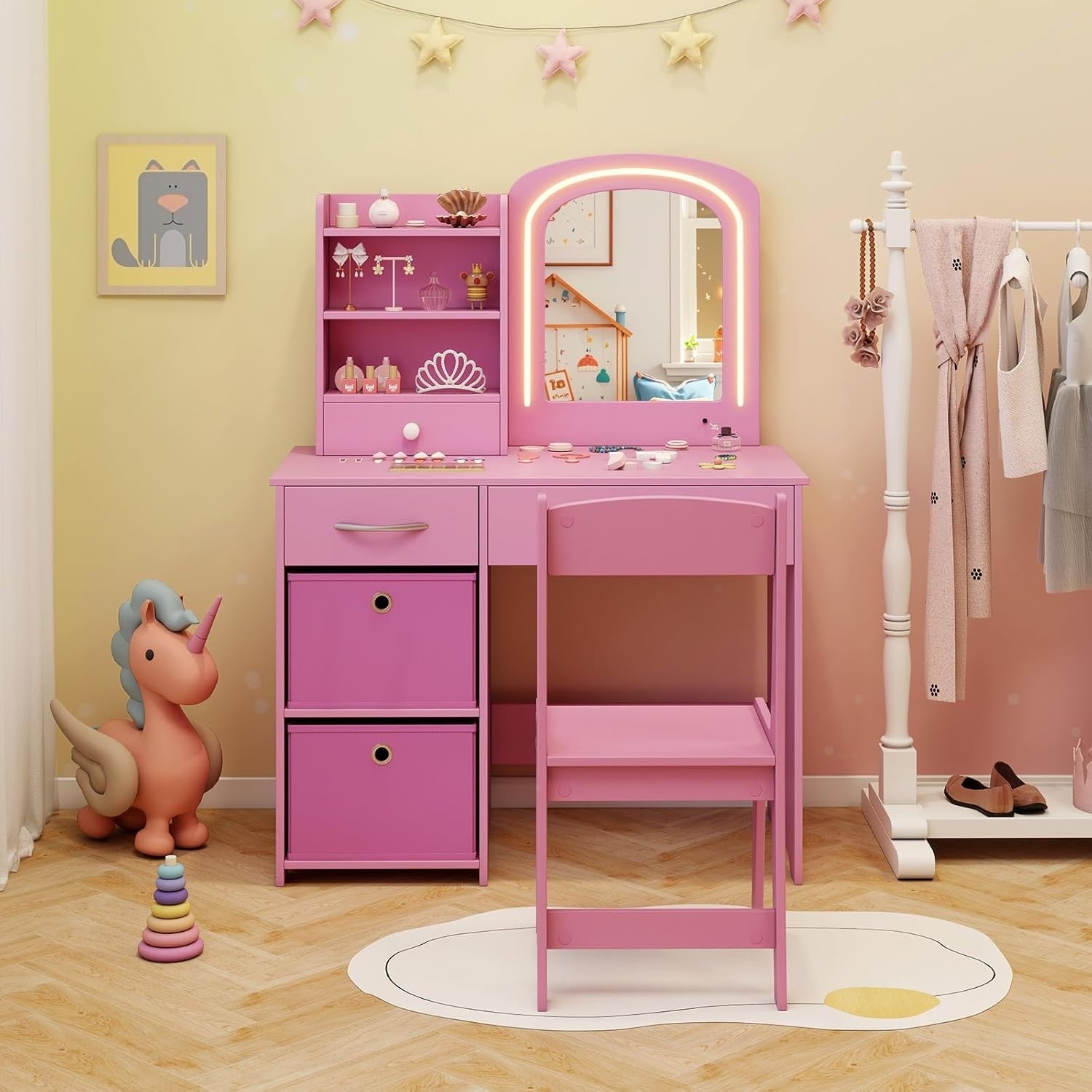 Kids Vanity Table Set Pink Girls Dressing Stool LED Mirror Storage Safe